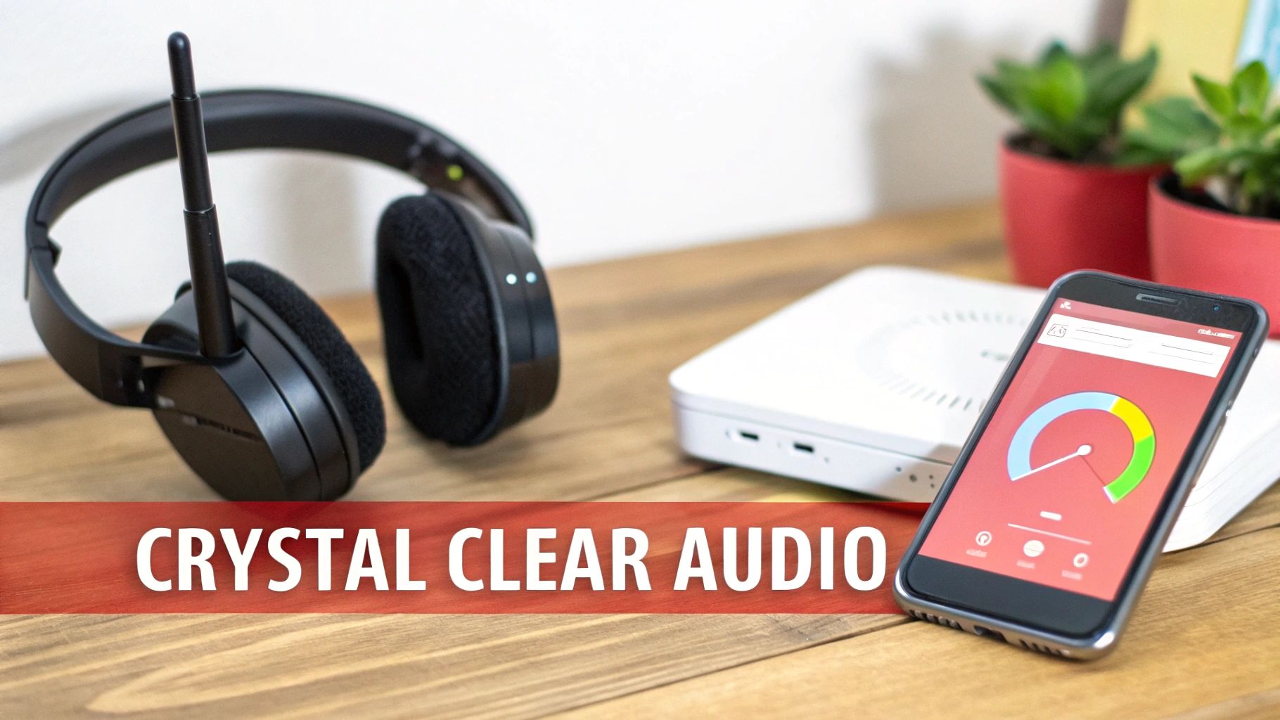 Wireless headphones with an antenna, a smartphone showing an app, and a white electronic device on a table.