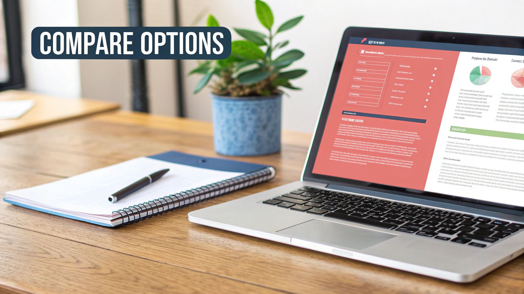 Close-up of a desk with a laptop showing data, a notebook, pen, and plant, promoting 'COMPARE OPTIONS'.