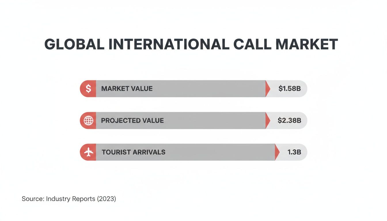 Infographic displaying global international call market data, including market value, projected value, and tourist arrivals.