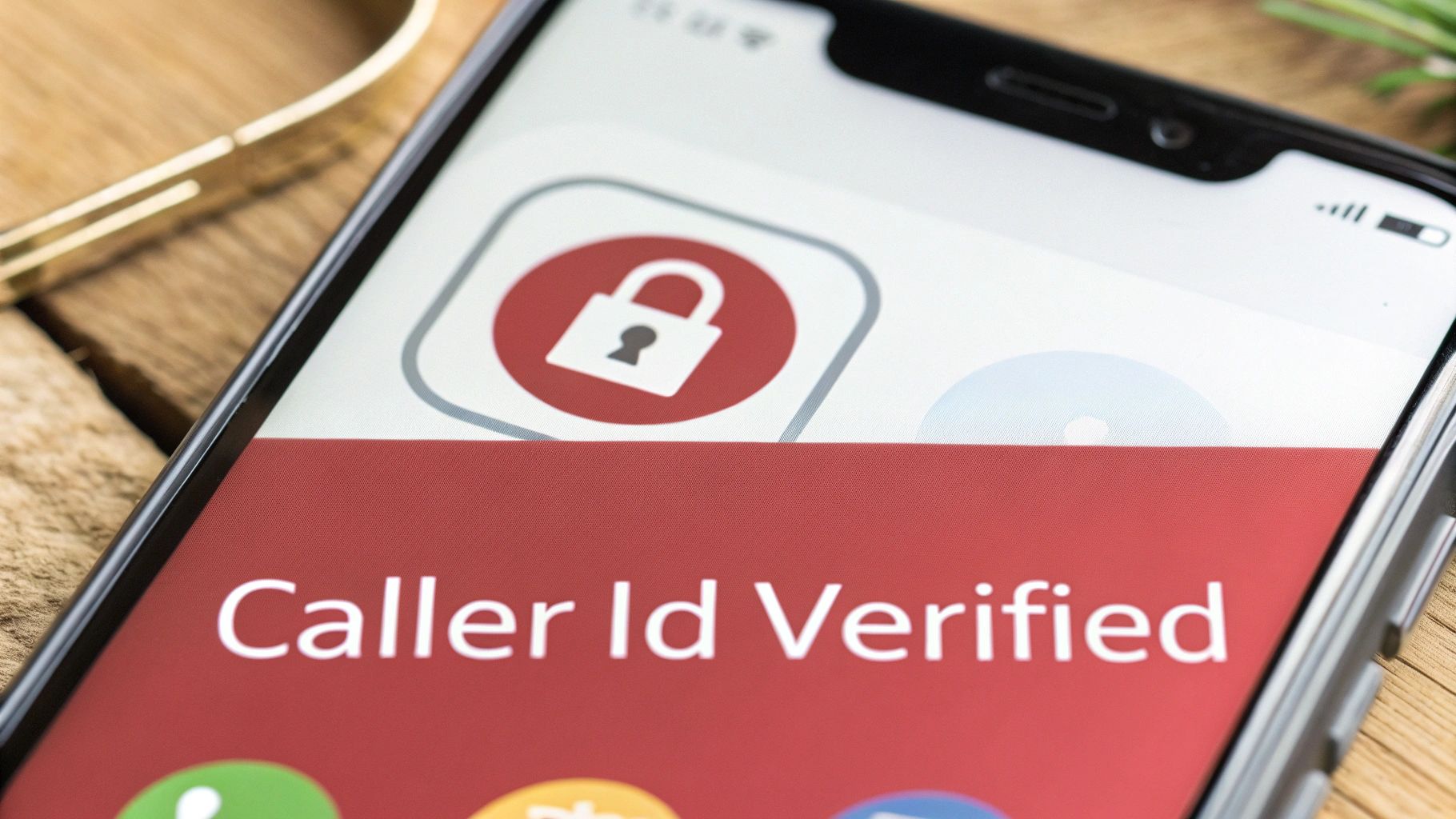 A close-up of a smartphone screen displaying 'Caller Id Verified' on a red banner with a padlock icon.