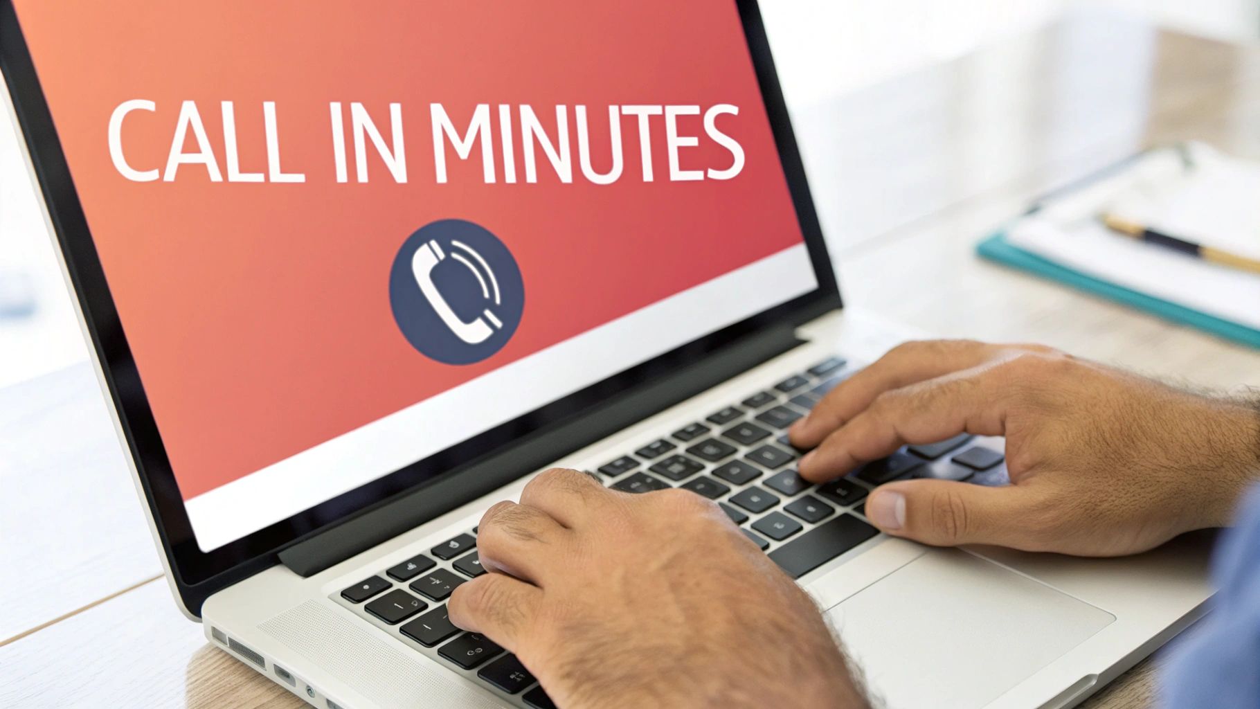 Close-up of a person typing on a laptop displaying "CALL IN MINUTES" with a phone icon.