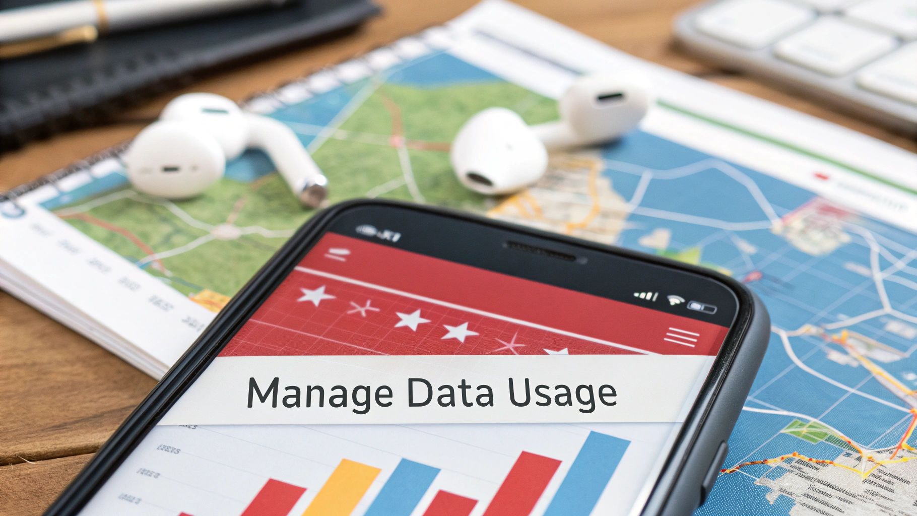 Smartphone displaying 'Manage Data Usage' on screen, with a bar graph and wireless earbuds on a map.
