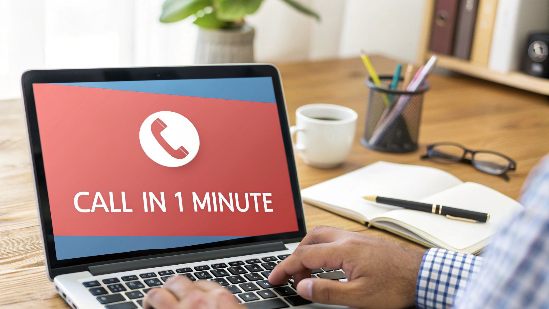 A person types on a laptop displaying 'CALL IN 1 MINUTE' with a phone icon, on a wooden desk.