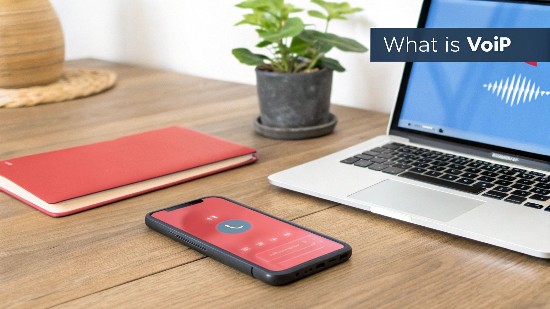 Modern workspace with laptop displaying 'What is VoIP' and a smartphone with an active call screen.