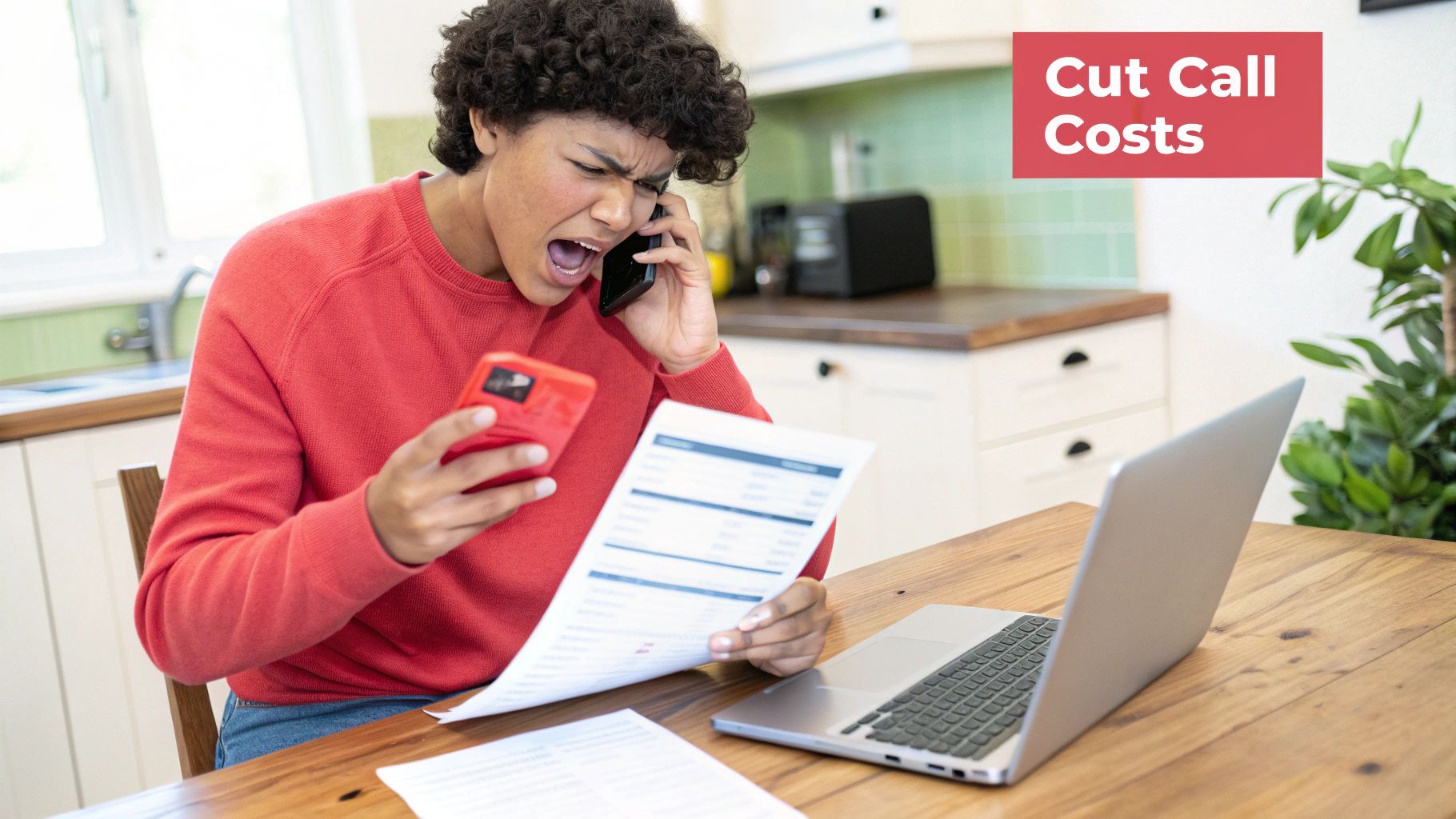 A frustrated person on the phone, holding a bill and another phone, trying to cut call costs.