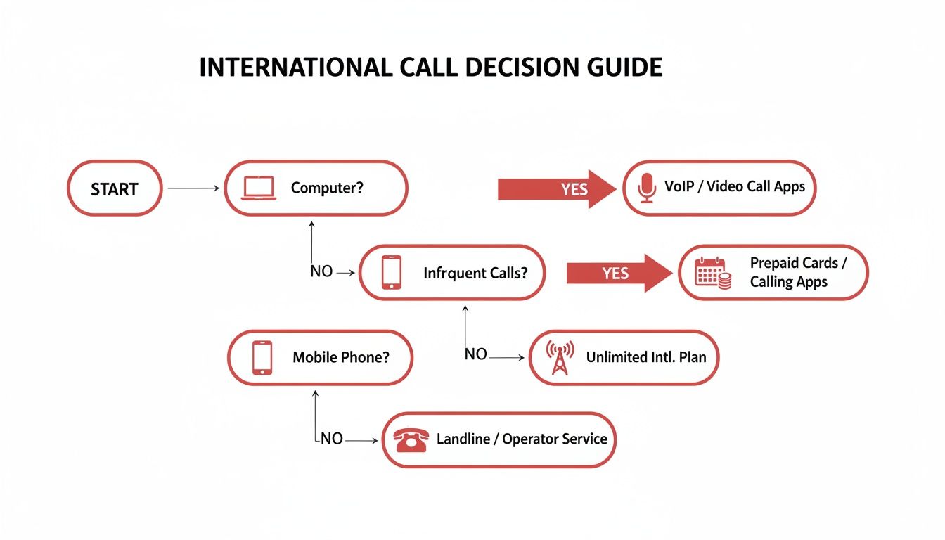Flowchart titled 'International Call Decision Guide' outlining options for making international calls.