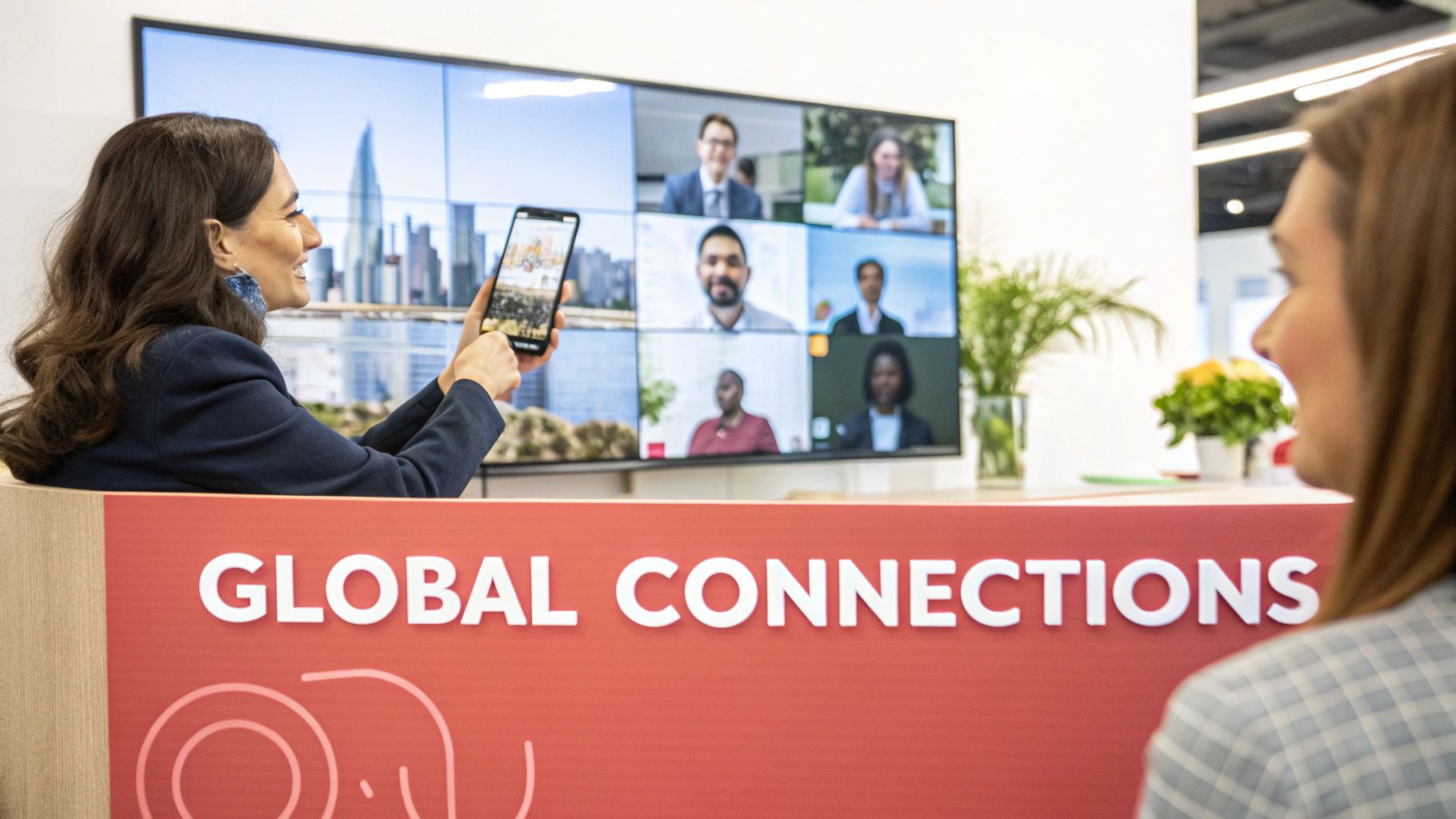Smiling woman holds phone, engaging with a large screen showing a multi-person video conference. A 'GLOBAL CONNECTIONS' sign is present.