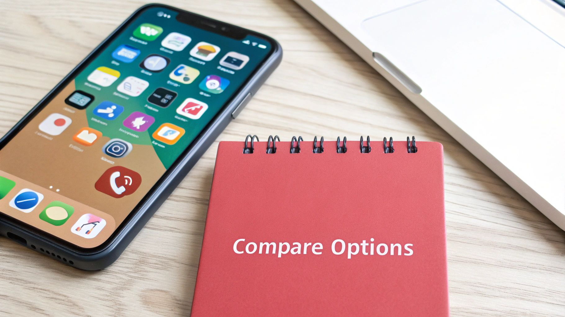 A smartphone and a red notebook with 'Compare Options' text on a wooden desk with a laptop.