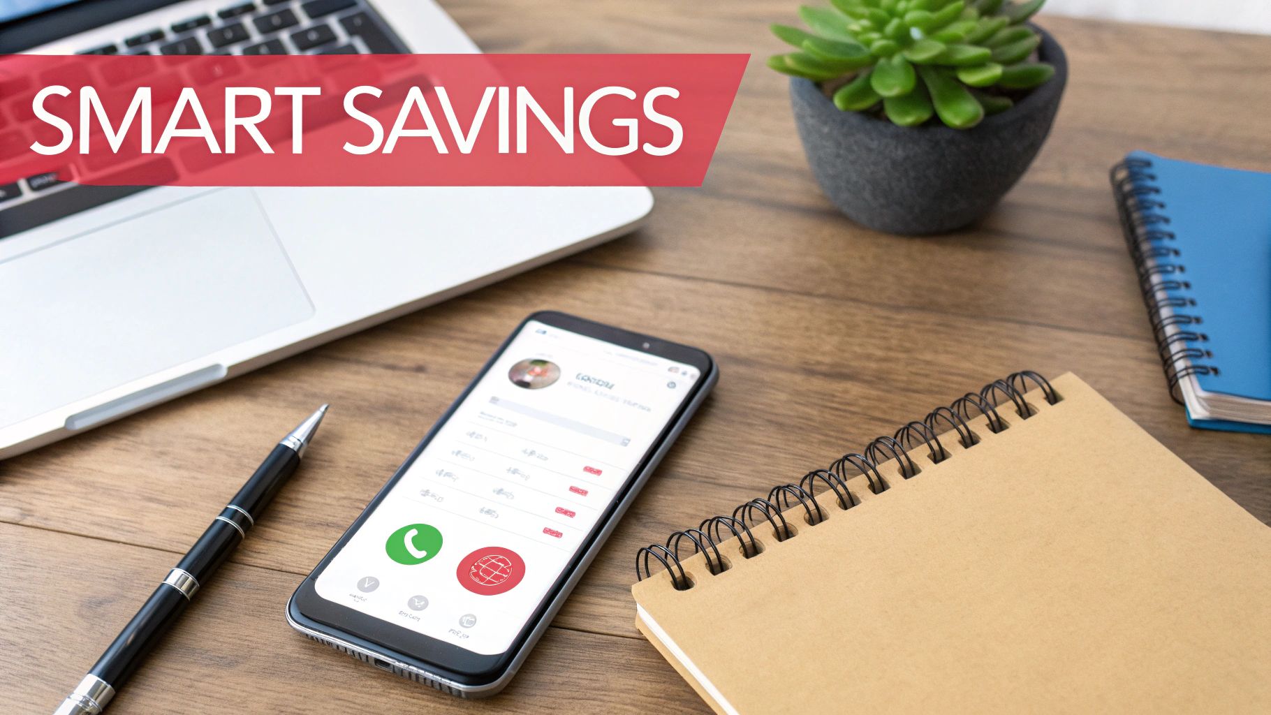 A desk with a laptop, smartphone displaying call options, a pen, plant, and 'SMART SAVINGS' text.