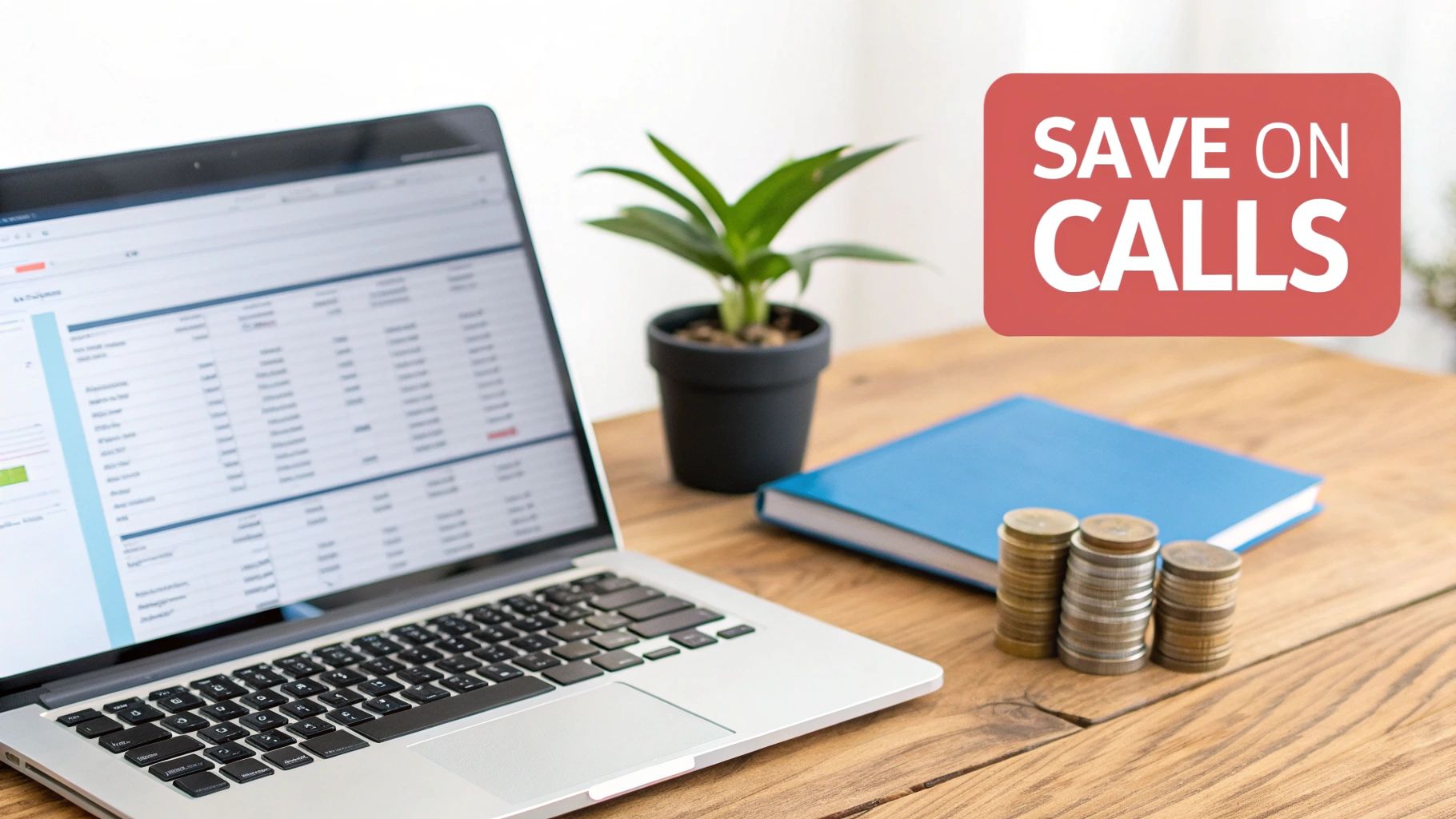 A laptop with a spreadsheet, a plant, a blue notebook, and stacks of coins on a wooden desk, with a red speech bubble saying 'SAVE ON CALLS'.