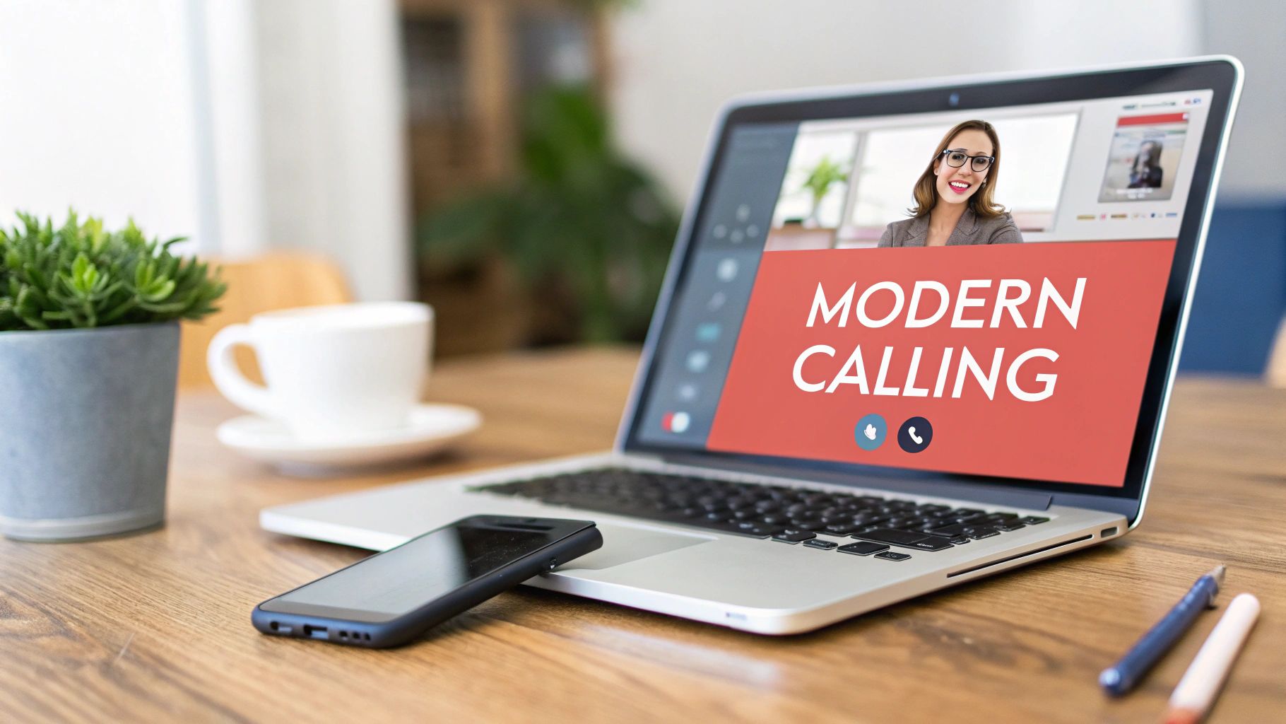 A laptop on a wooden desk displaying a 'Modern Calling' video call with a woman, a smartphone, and coffee.