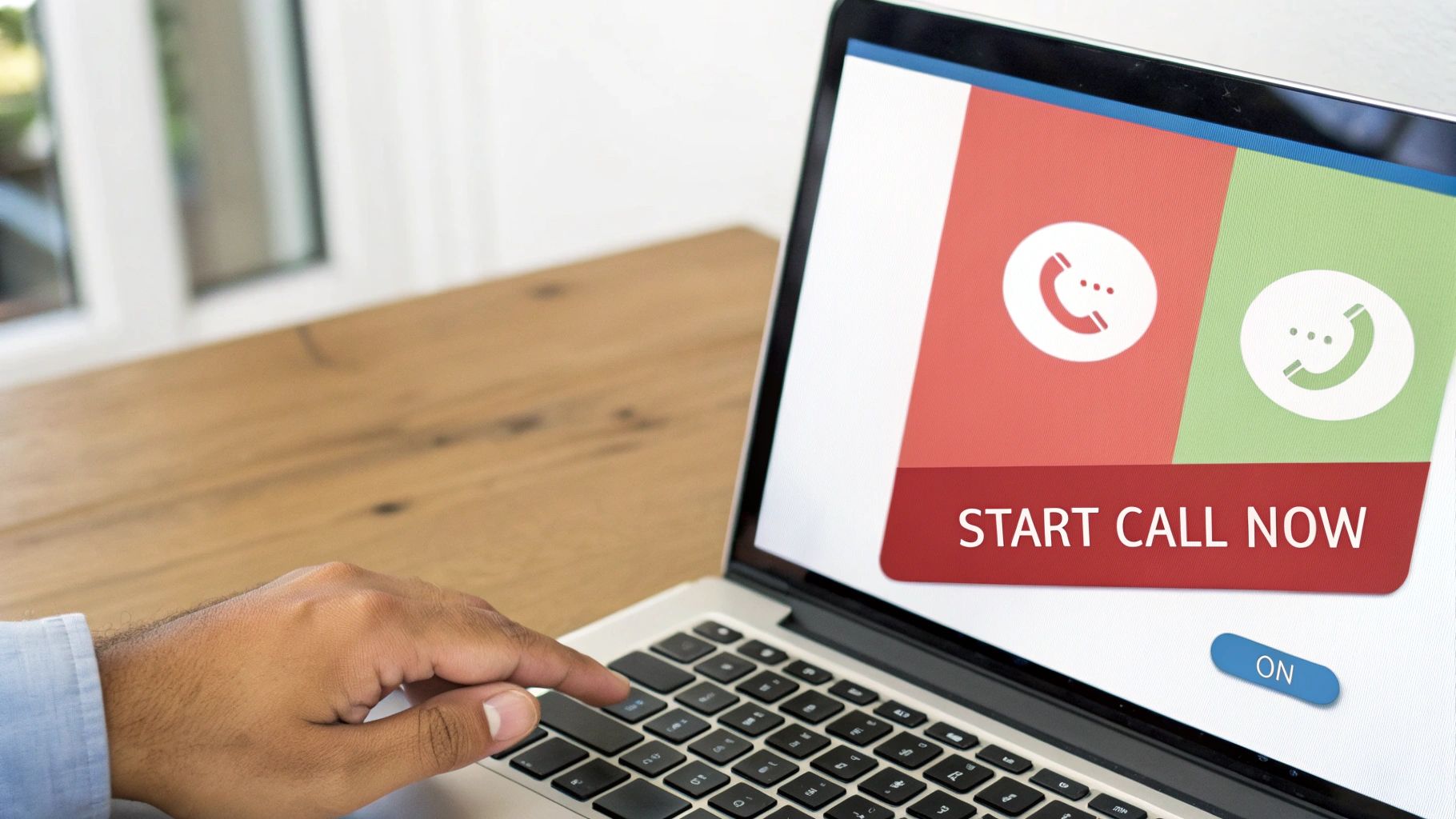 A hand types on a laptop displaying a 'START CALL NOW' interface with phone icons.