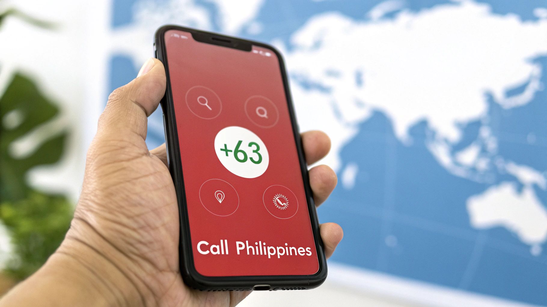 A hand holds a smartphone displaying +63 country code and 'Call Philippines' on a red screen.