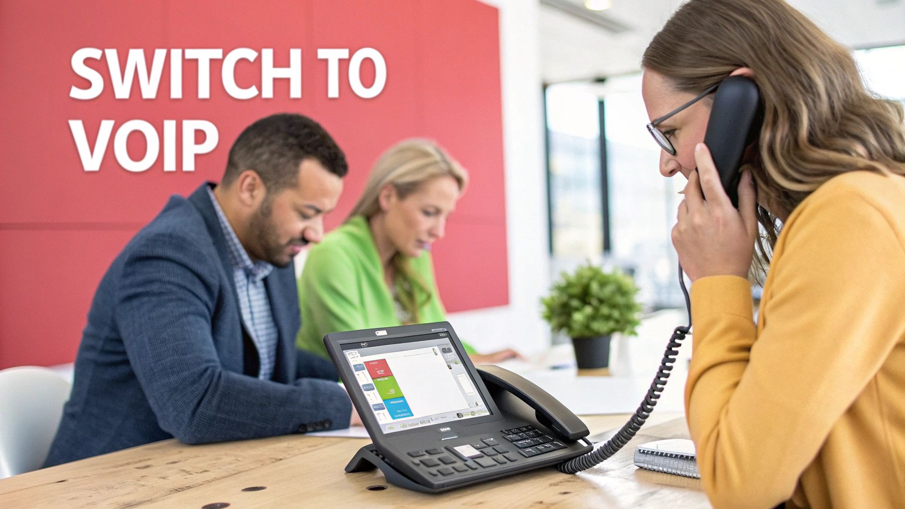 A woman talks on a modern VoIP desk phone in an office, with colleagues and 'SWITCH TO VOIP' text.