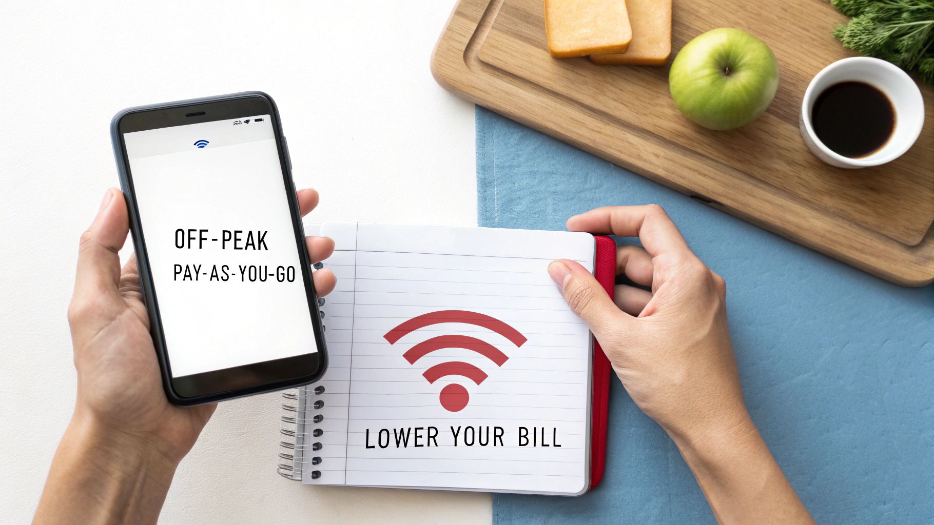 Hands hold a smartphone displaying 'OFF-PEAK PAY-AS-YOU-GO' and a notebook with a Wi-Fi symbol and 'LOWER YOUR BILL' text.