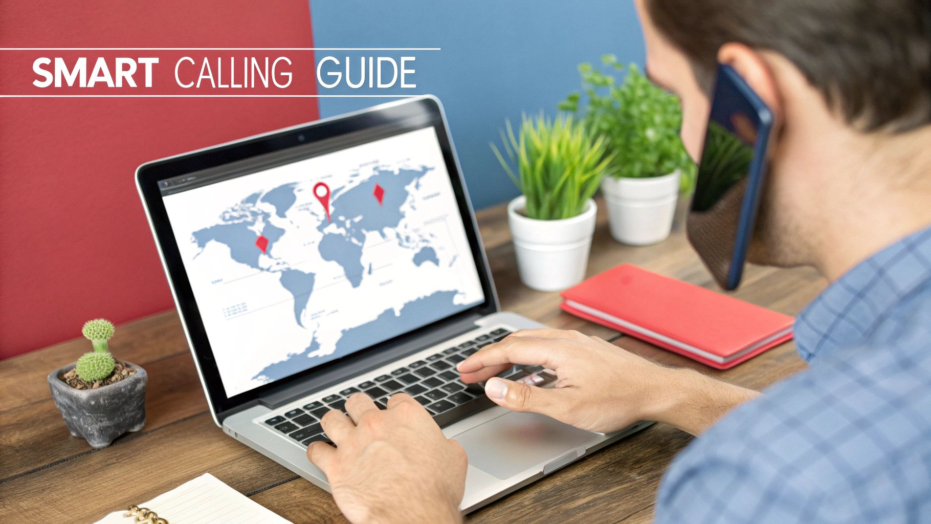 Man on phone using laptop with a world map and location pins on screen, working from a desk.