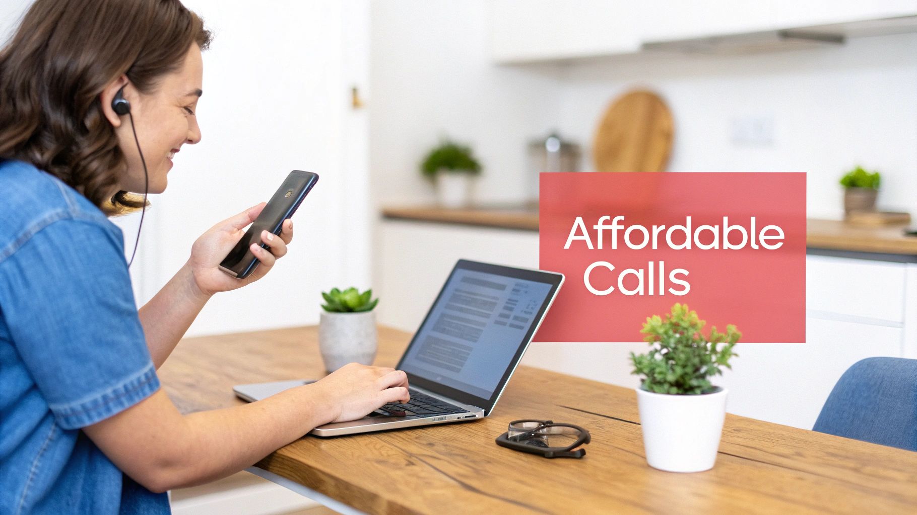 Happy woman with earphones on a call, using her phone and laptop for affordable calls.