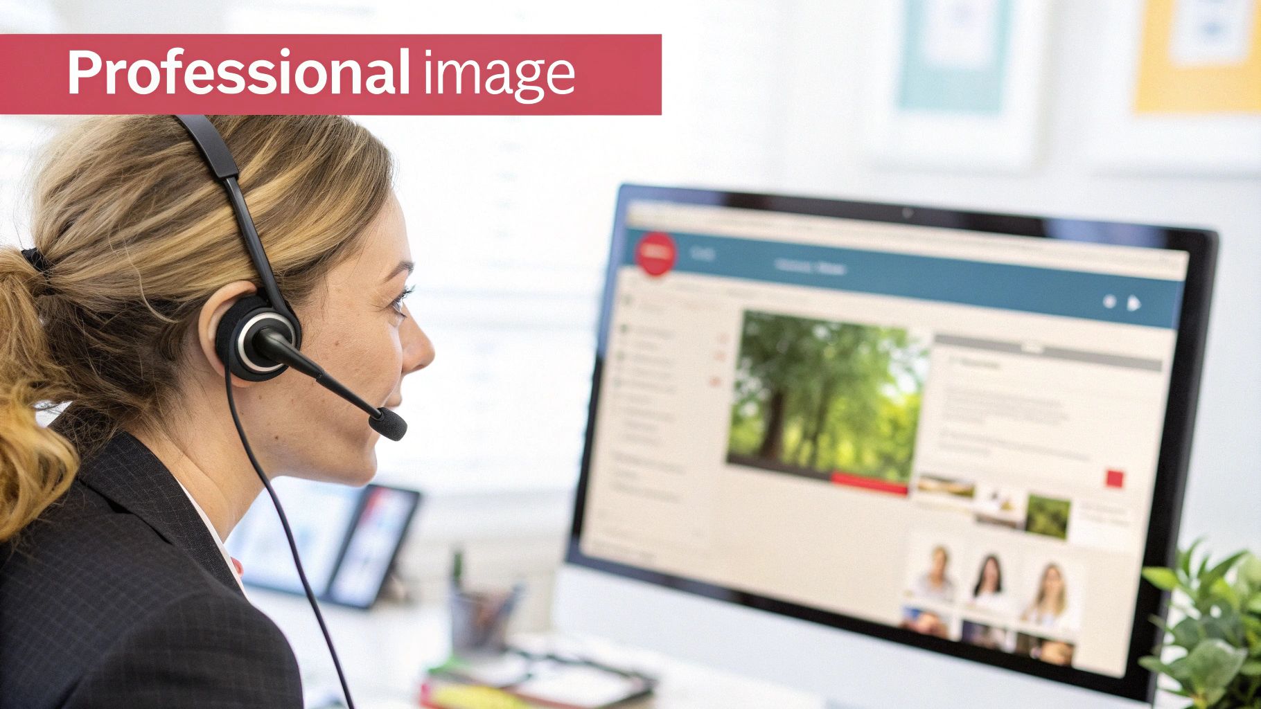A professional woman wearing a headset is focused on her computer screen in an office setting.