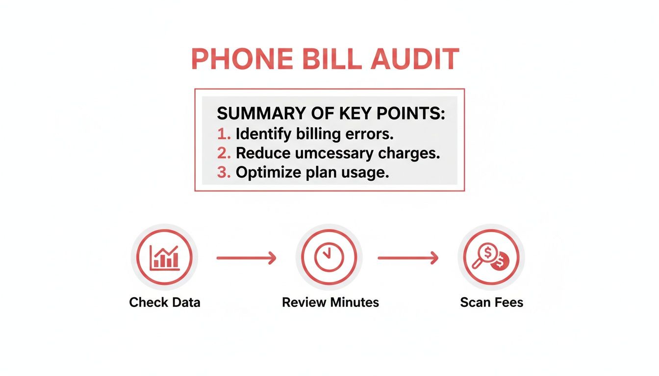 A phone bill audit process explaining key points to identify errors, reduce charges, and optimize usage.