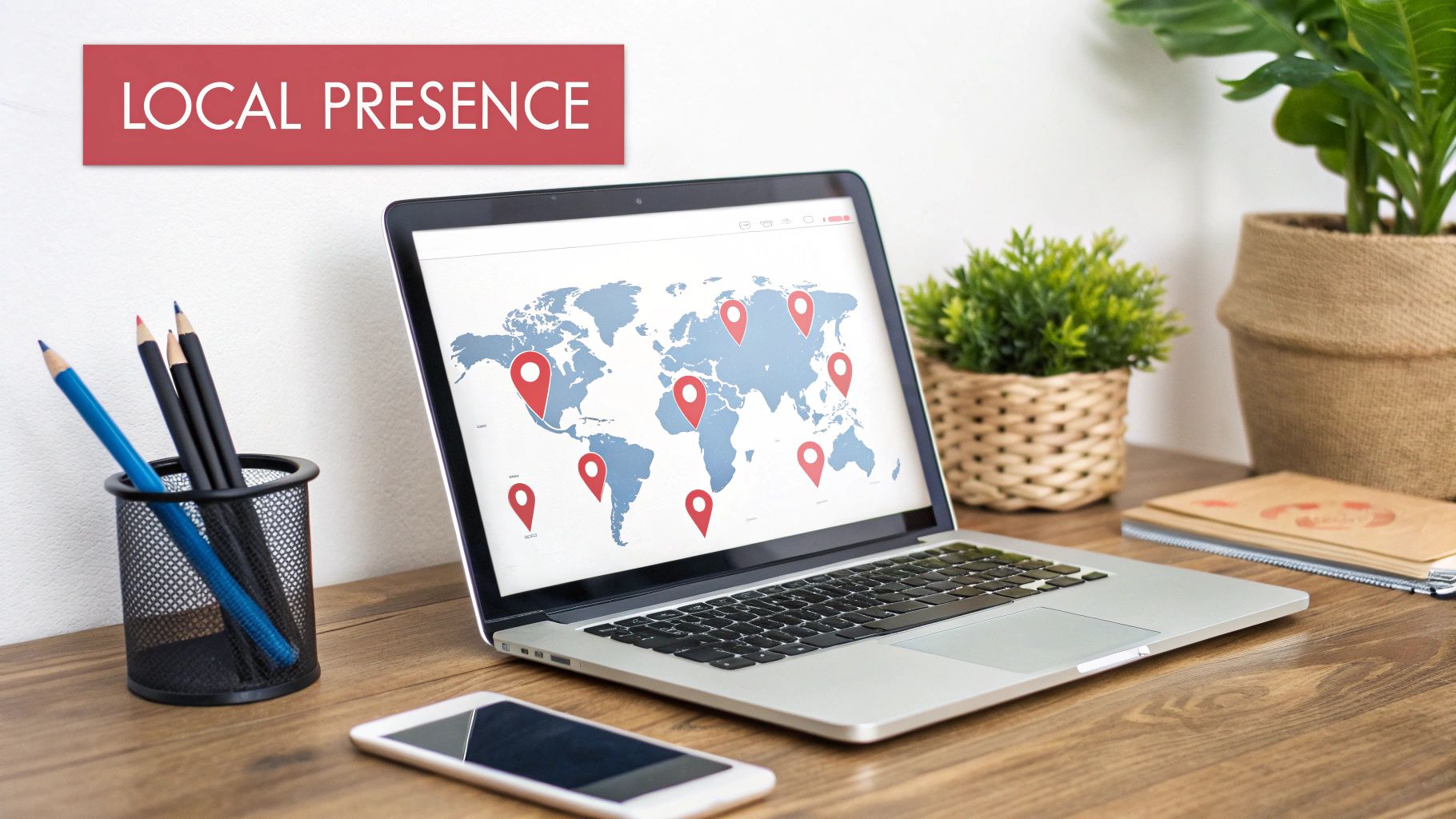 A laptop on a wooden desk displays a world map with numerous red location pins, emphasizing 'LOCAL PRESENCE'.