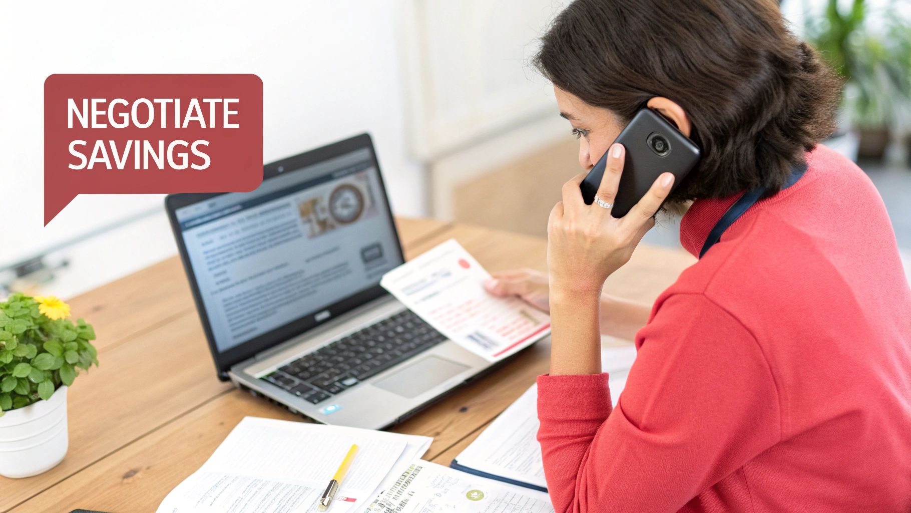 Woman on phone negotiating savings, looking at laptop and documents to reduce bills.