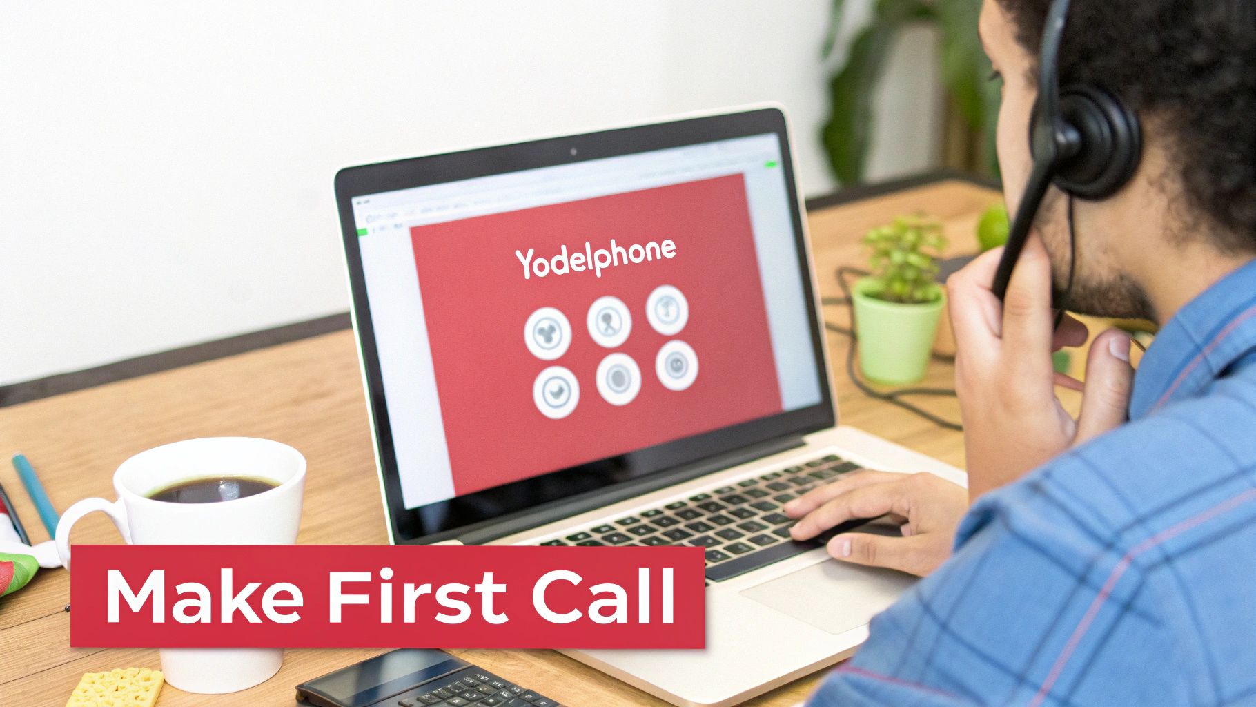 Customer service agent wearing a headset and using a laptop with a calling application and "Make First Call" text.