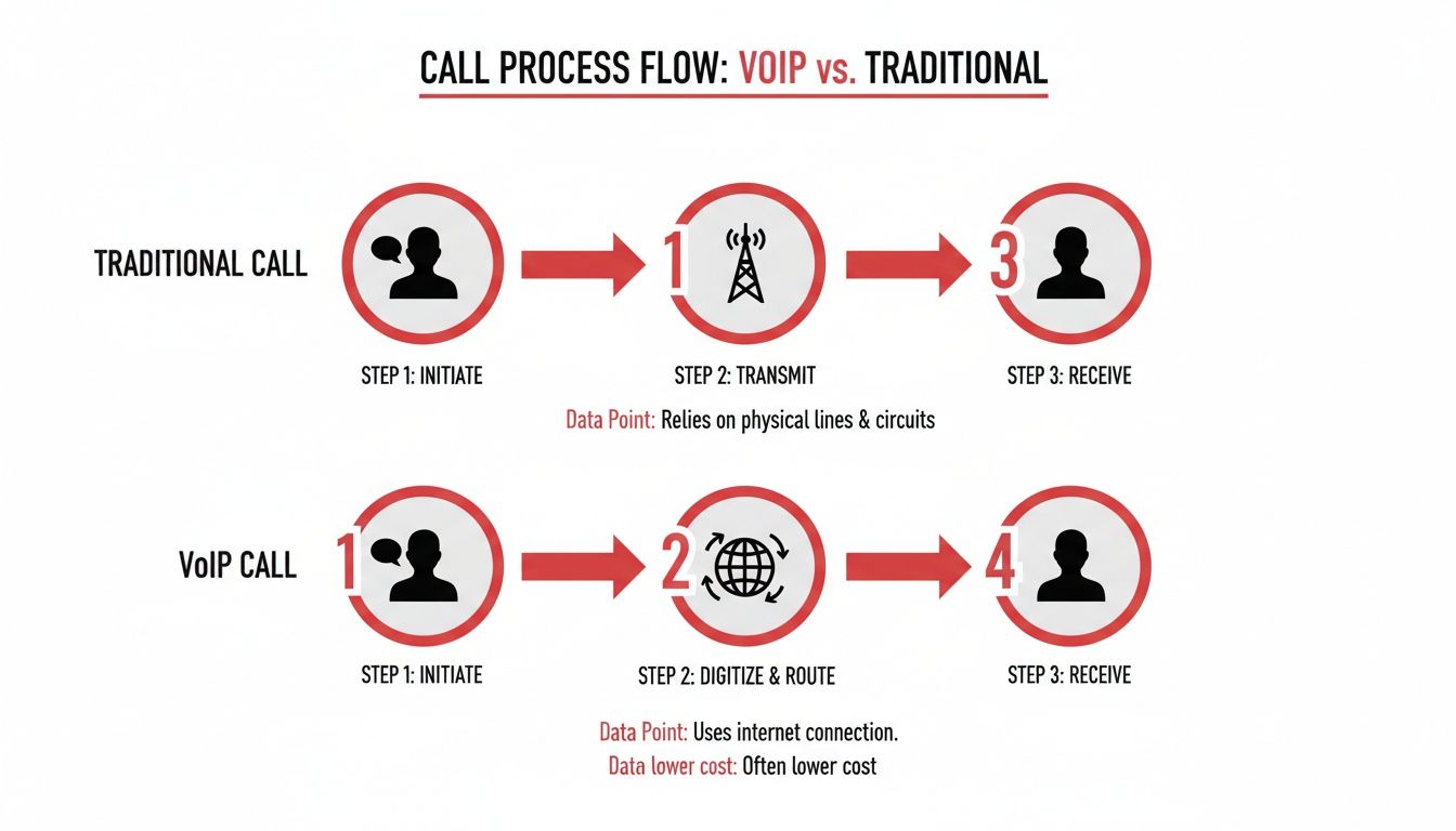 Flowchart comparing traditional call process (physical lines) with VoIP call process (internet connection).