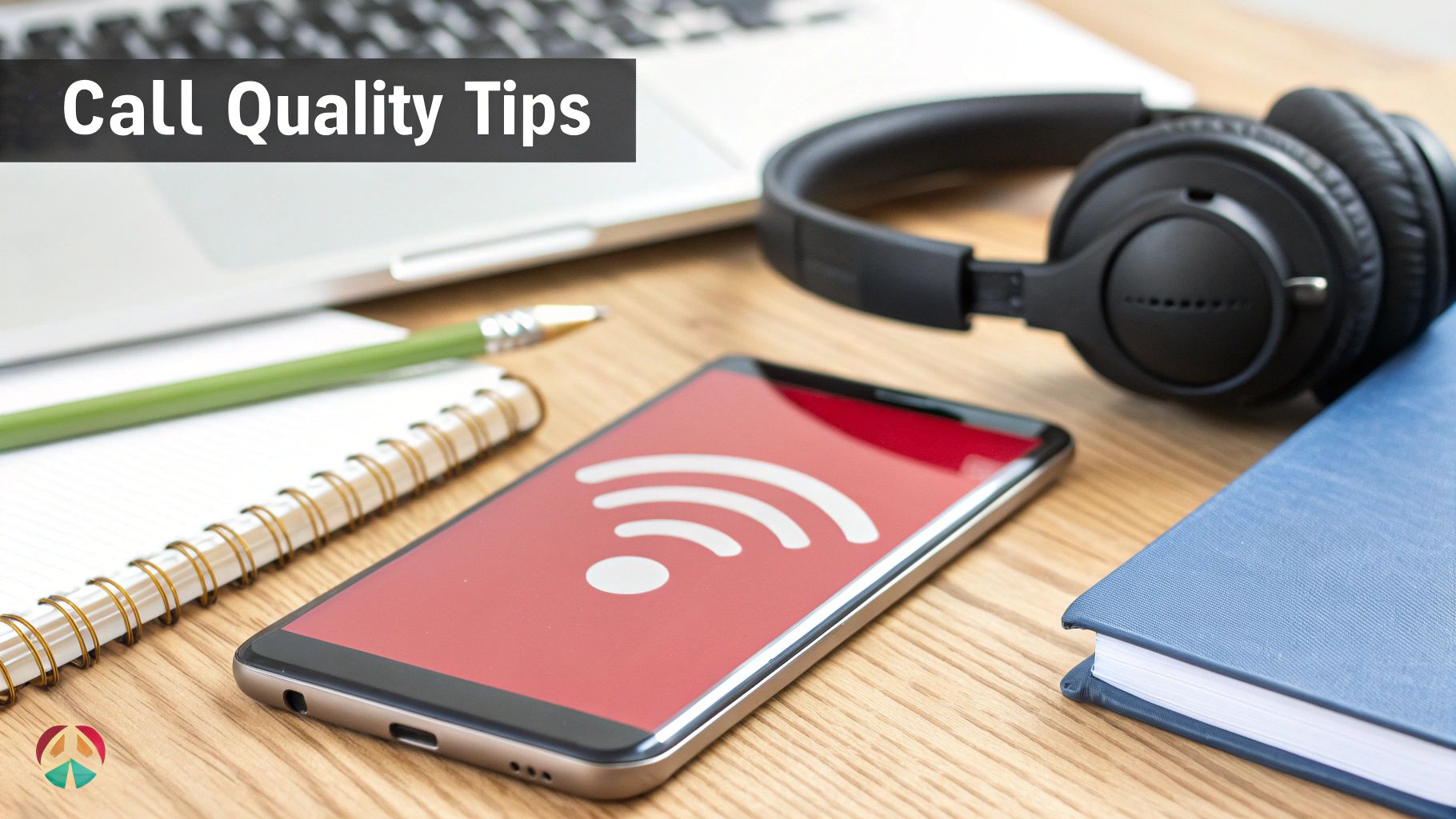 Desk setup with laptop, headphones, smartphone displaying Wi-Fi symbol, notebook, and 'Call Quality Tips' text.