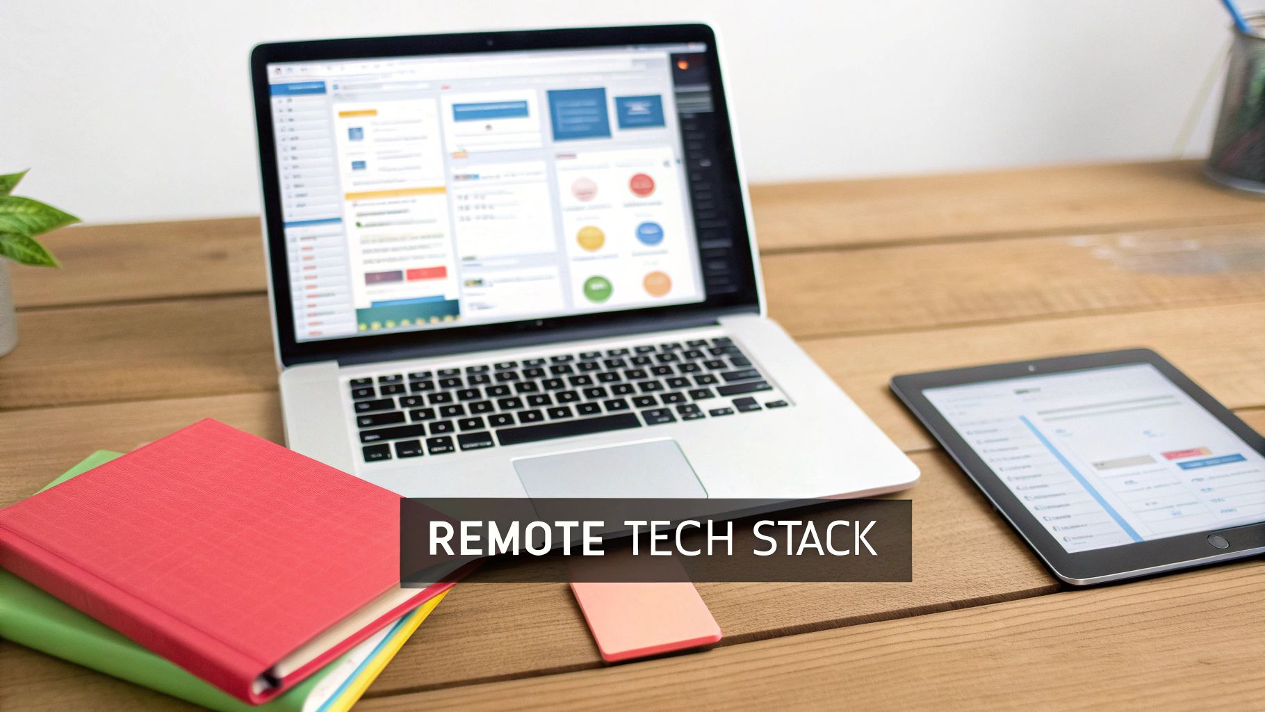 A modern remote workspace with a laptop, tablet, and notebooks on a wooden desk.
