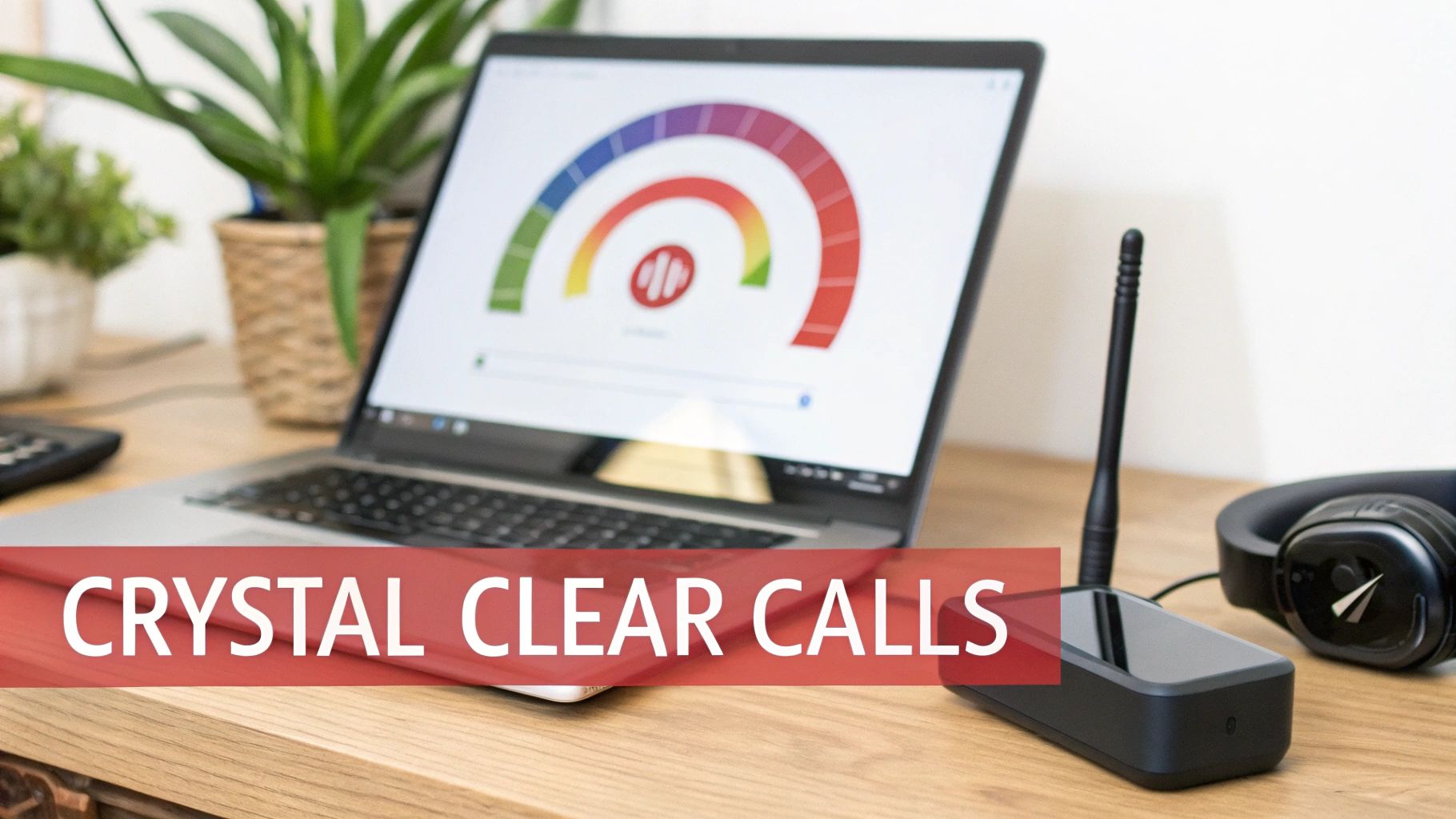 Laptop displaying a colorful meter, next to a black communication device with an antenna and headphones, with text 'CRYSTAL CLEAR CALLS'.