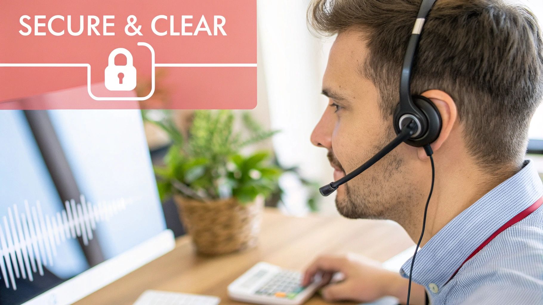 Man with a headset looking at a computer screen displaying sound waves, signifying secure and clear communication.