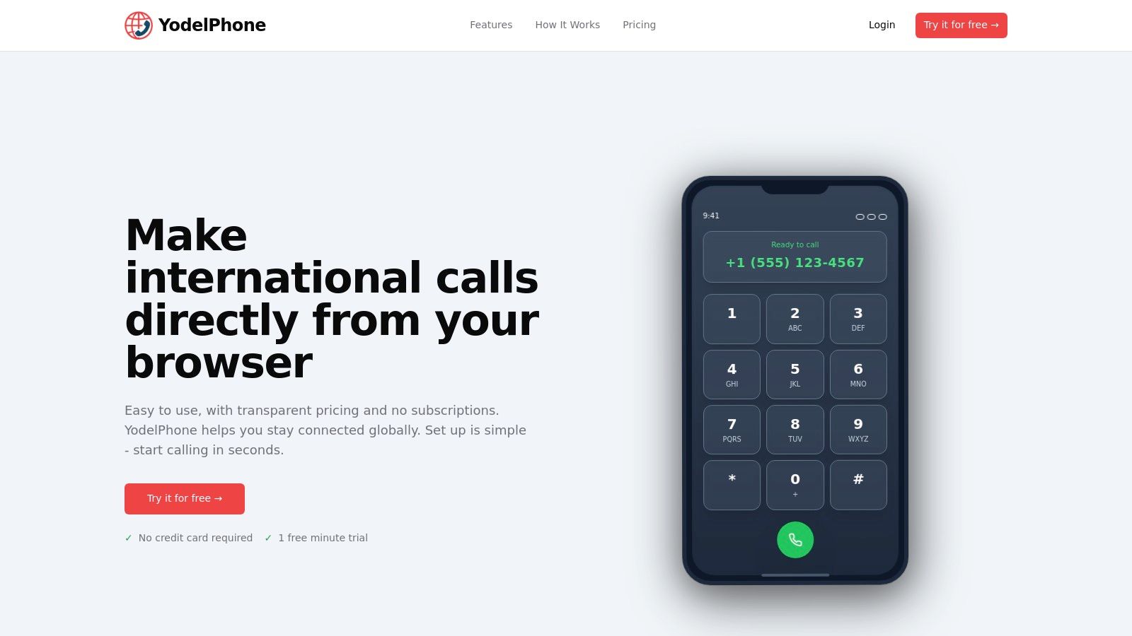 A screenshot of the YodelPhone web dialer interface, showing fields for entering a phone number, a dial button, and current credit balance.