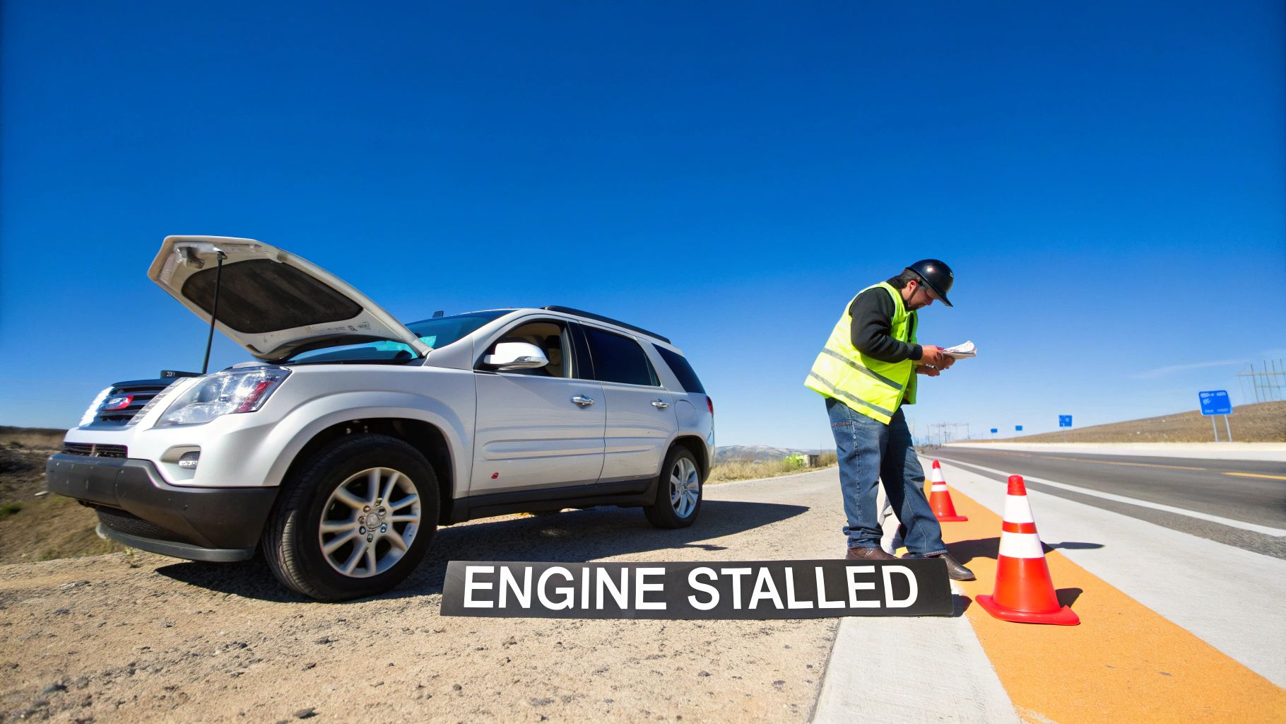 A white SUV with a stalled engine and open hood on the roadside, a worker in a safety vest.