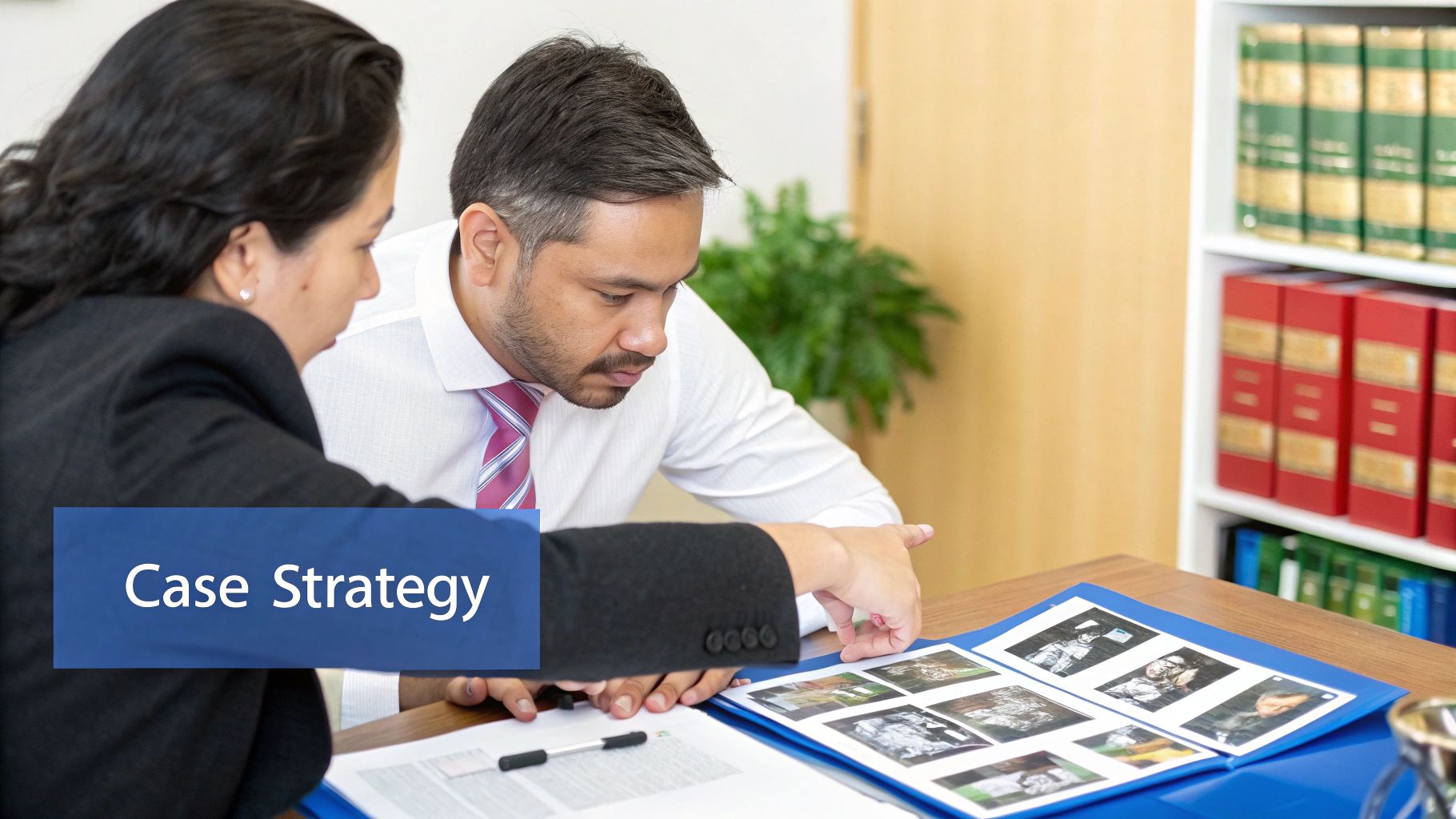 Two legal professionals review documents and photographs on a desk, discussing a case strategy.