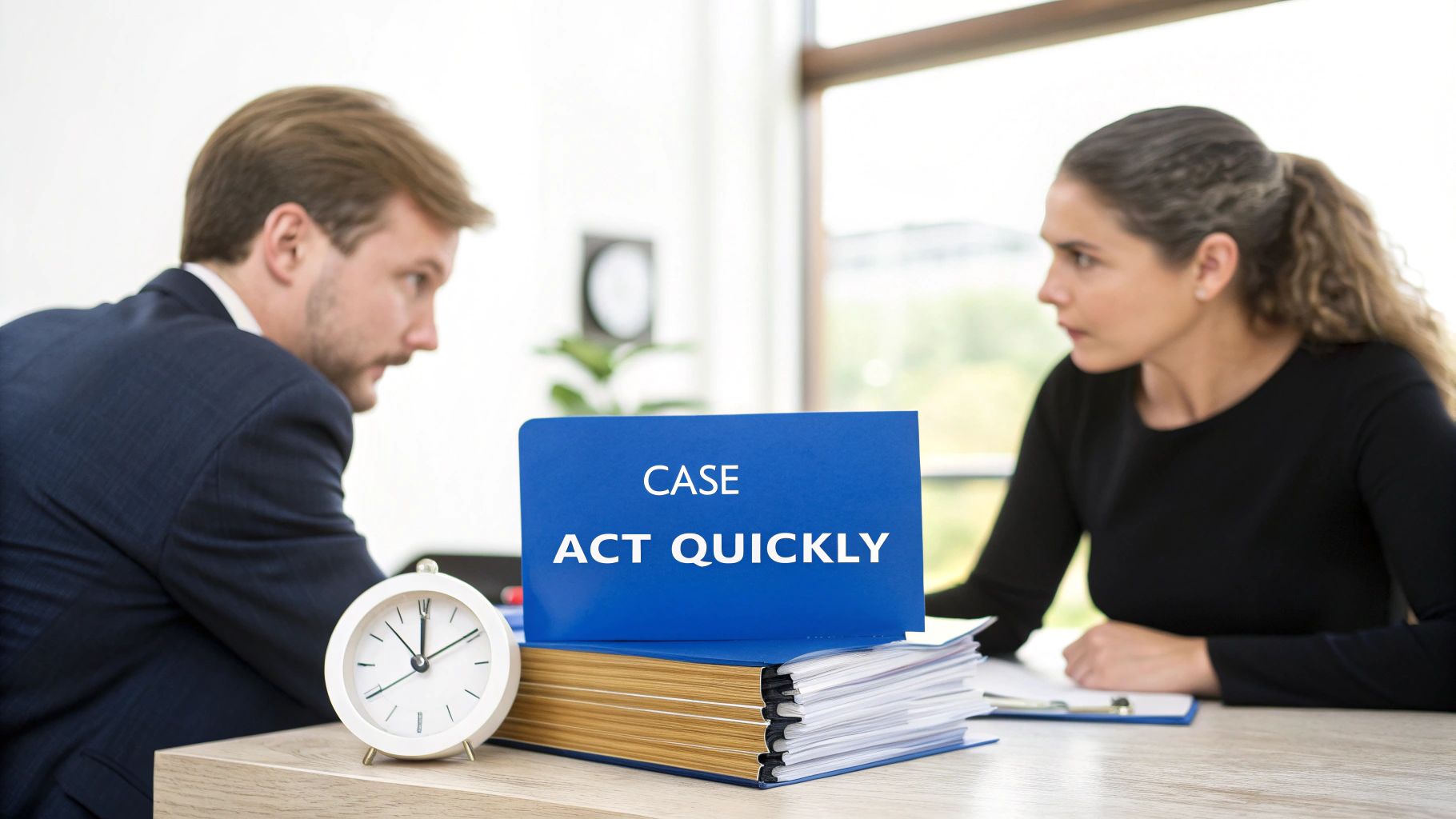 Two professionals discuss a case, emphasizing the need to act quickly, with an alarm clock nearby.