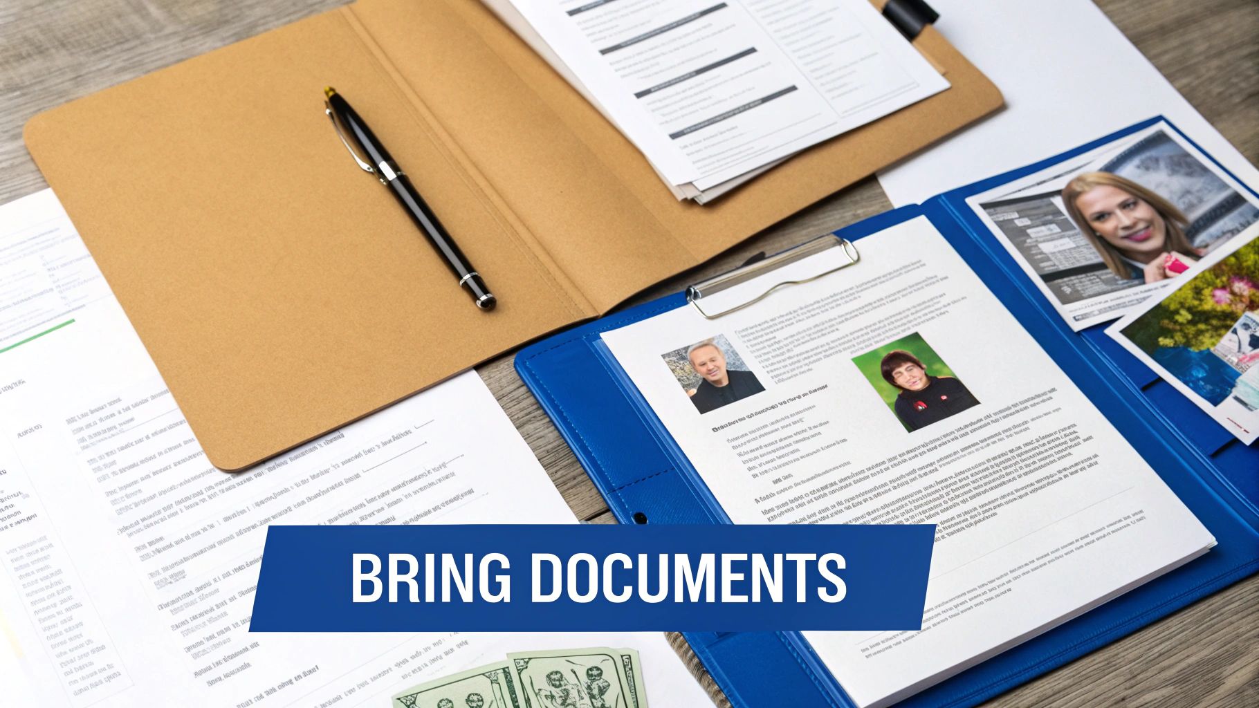 Professional documents with pen on clipboard displaying legal materials and client information