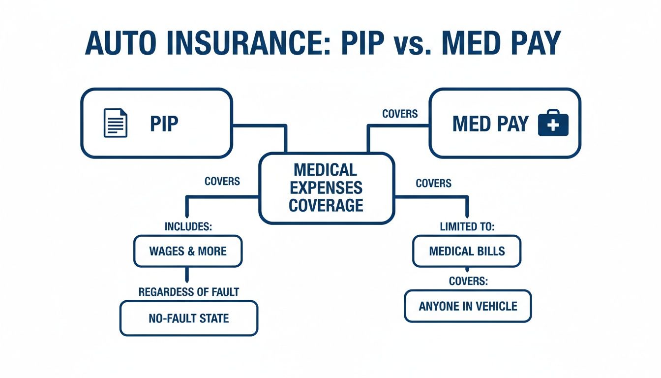 A flowchart comparing auto insurance PIP and Med Pay coverage for medical expenses, highlighting their differences.