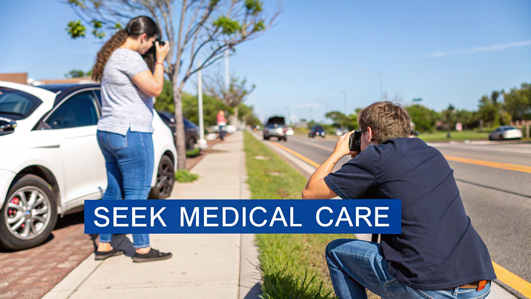 Two photographers document a roadside scene with a white car, while "SEEK MEDICAL CARE" overlays the image.
