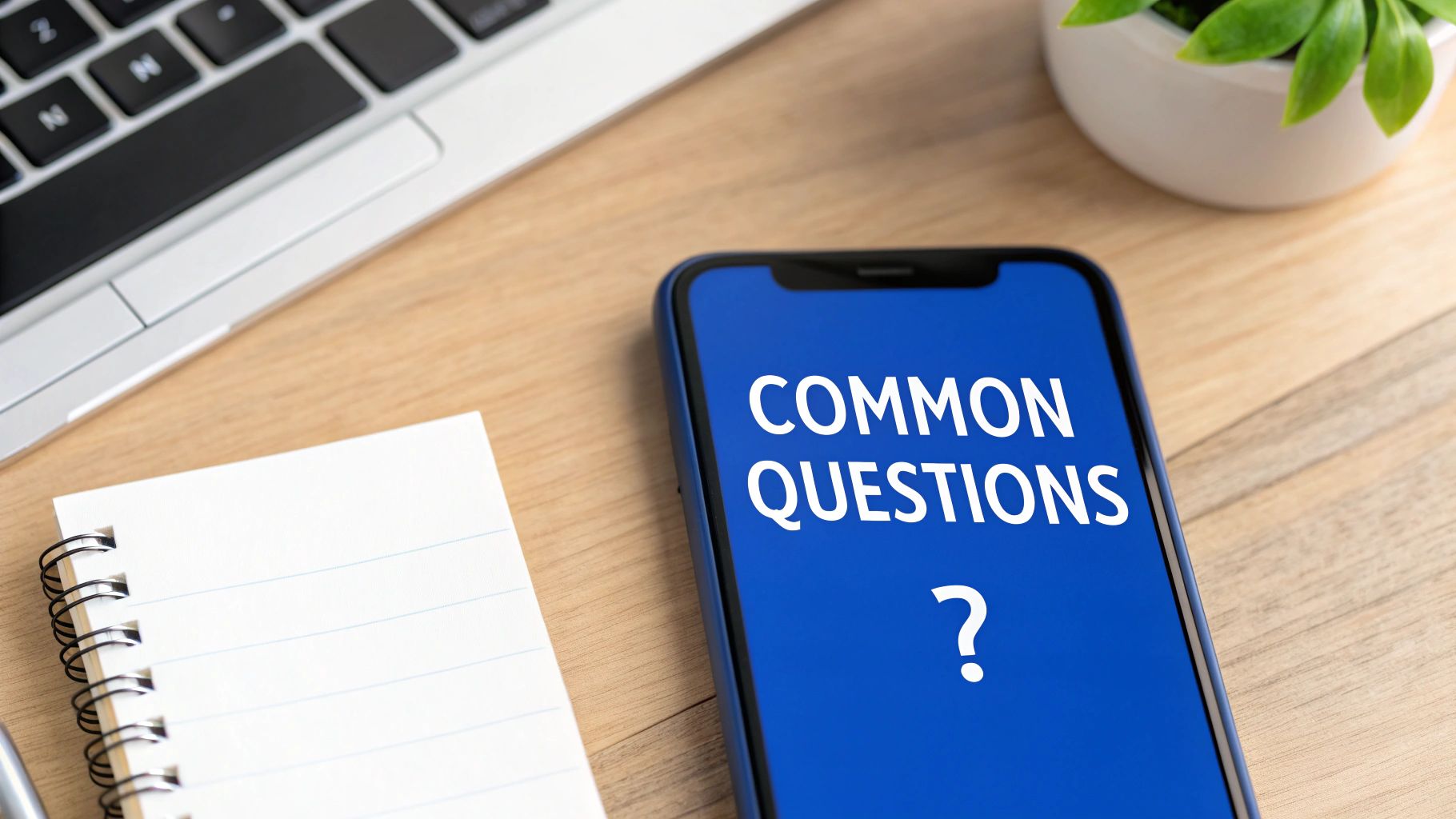 A smartphone on a wooden desk displays 'COMMON QUESTIONS ?' next to a laptop and notepad.