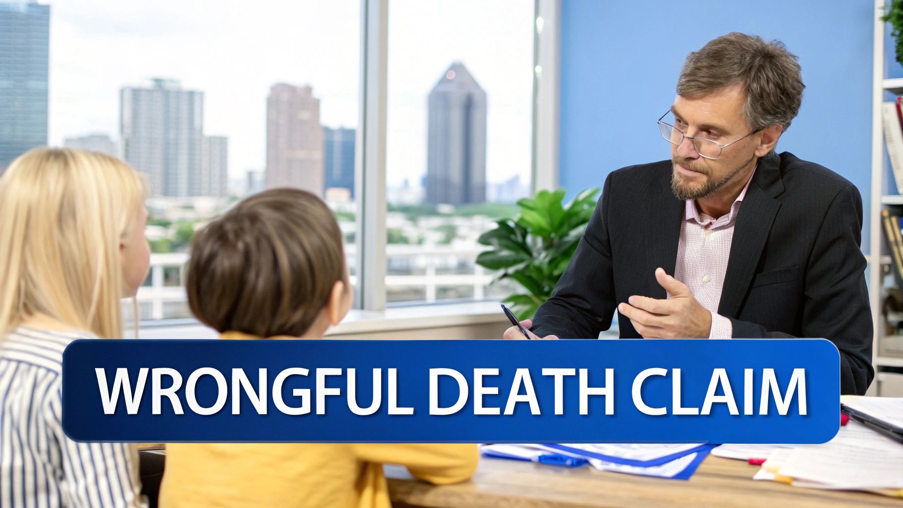A lawyer explains a wrongful death claim to a woman and child in an office, overlooking a city.