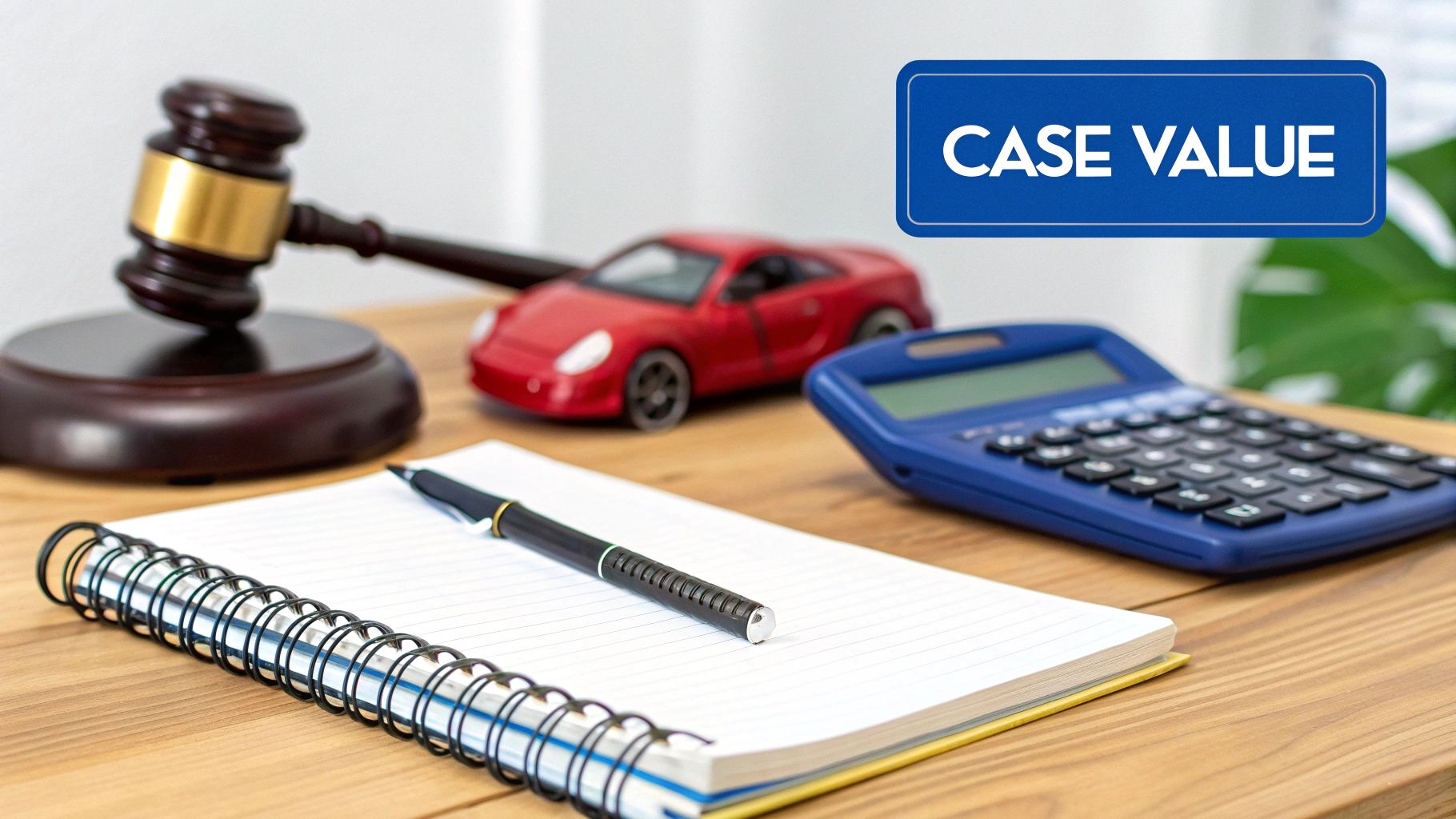 A gavel, red toy car, calculator, notebook, and pen on a desk with a 'CASE VALUE' sign.