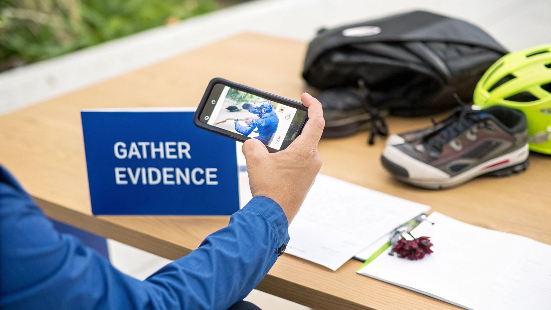 A person's hand holding a smartphone showing a baseball player, next to a 'Gather Evidence' sign on a wooden table with other items.