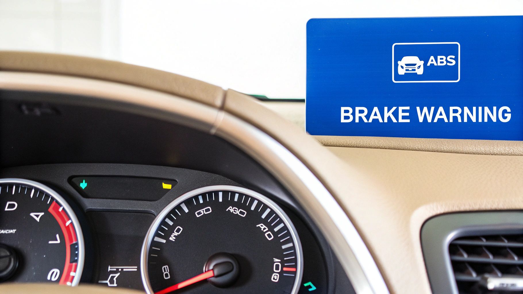 Close-up of a car dashboard with a speedometer, warning lights, and an ABS brake warning sign.