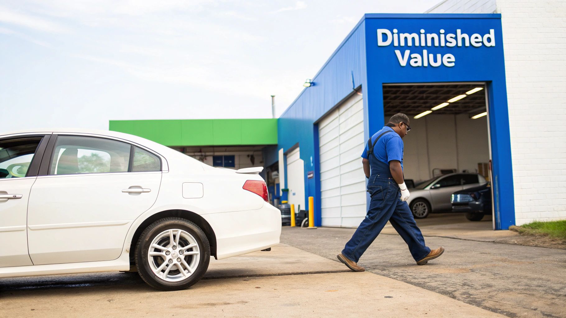 A man in blue overalls walks from a 'Diminished Value' garage, with a white car parked outside.