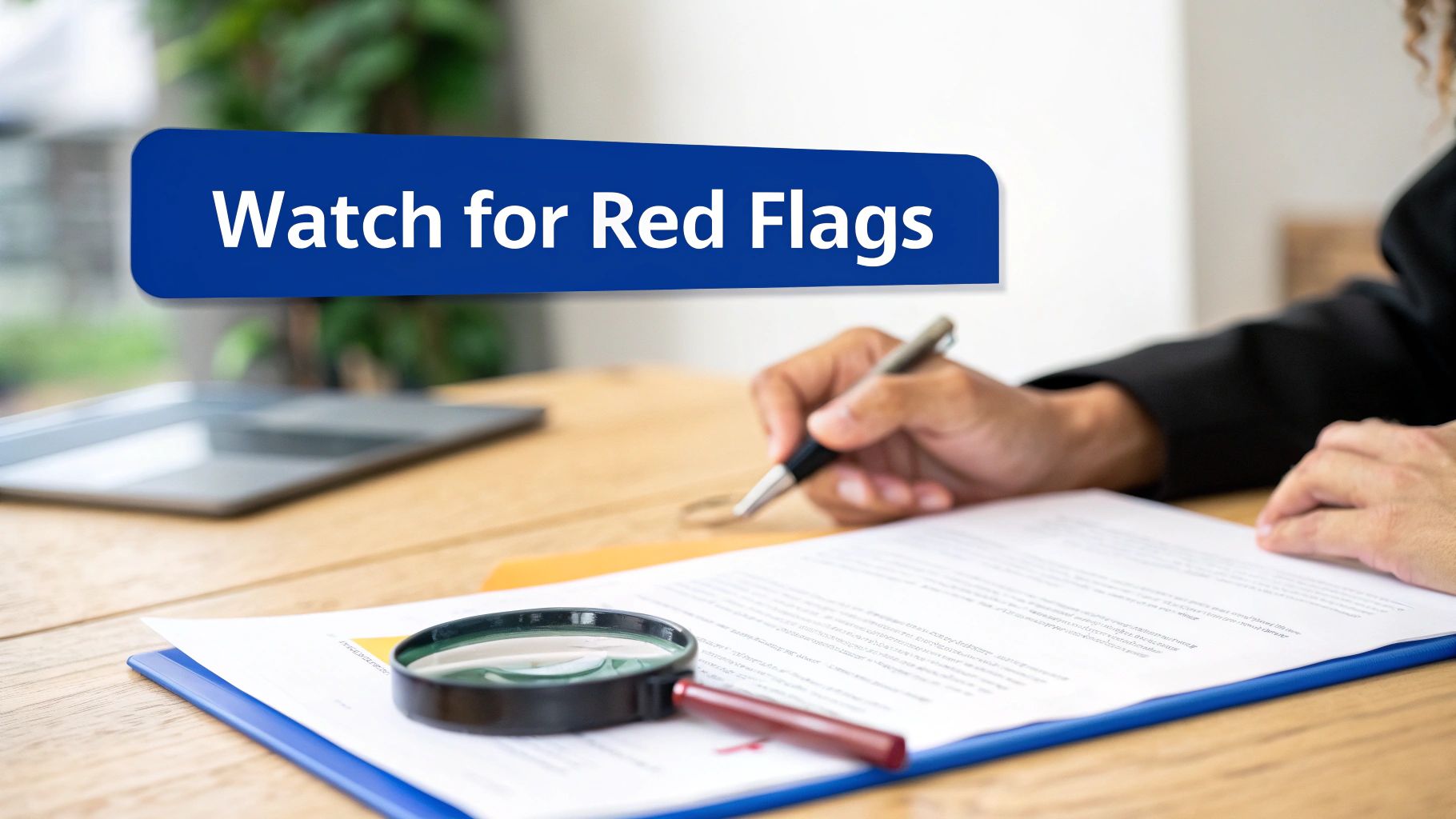 A person signing a document with a pen, a magnifying glass, and a blue banner reading 'Watch for Red Flags'.