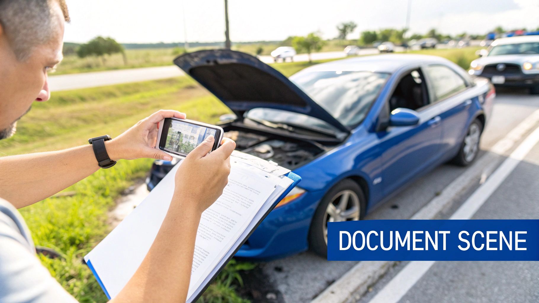 A person documents a car accident scene with a smartphone, capturing a blue car with an open hood.