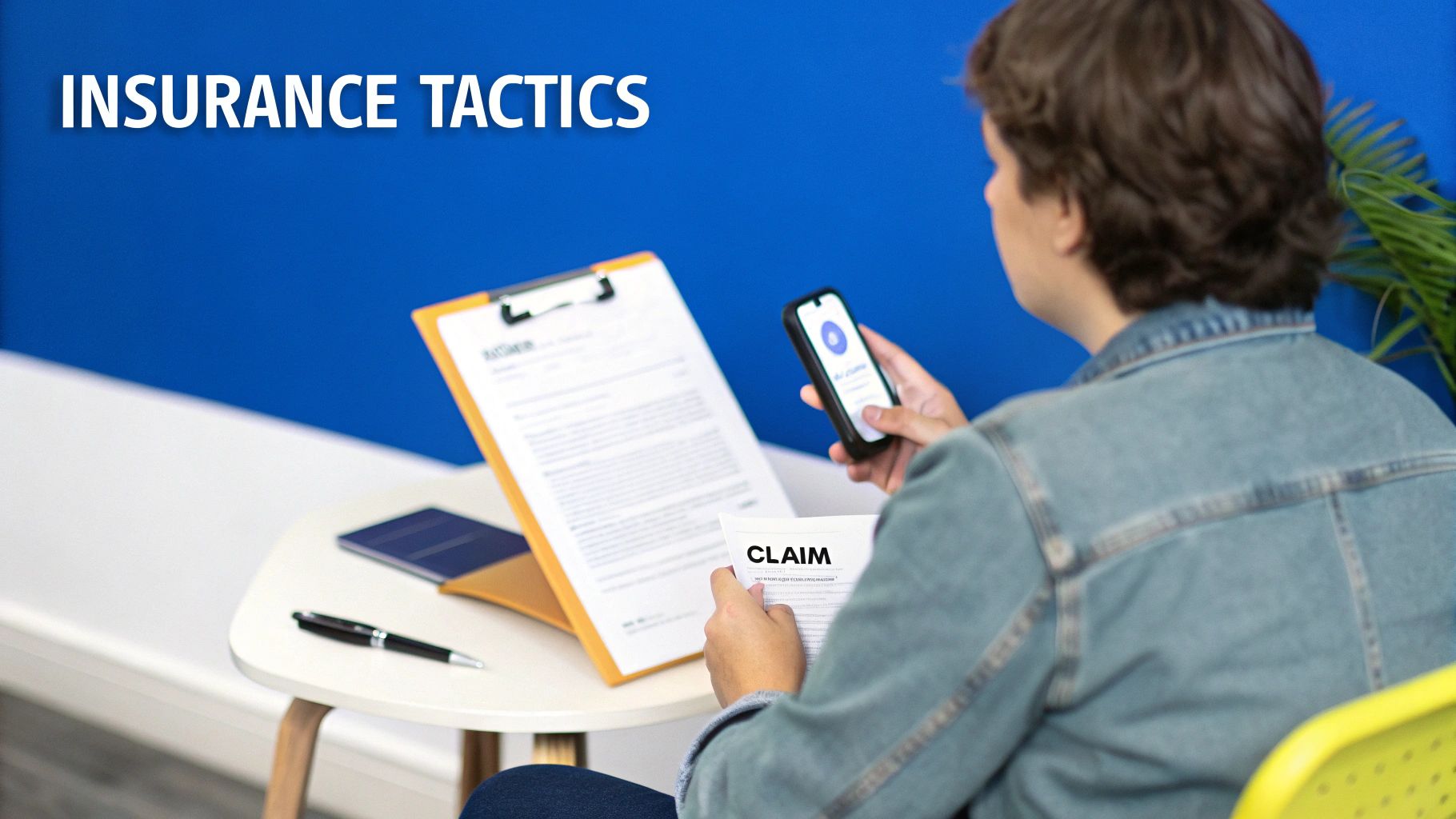 A person reviewing insurance claim documents and using a smartphone, with 'INSURANCE TACTICS' text.