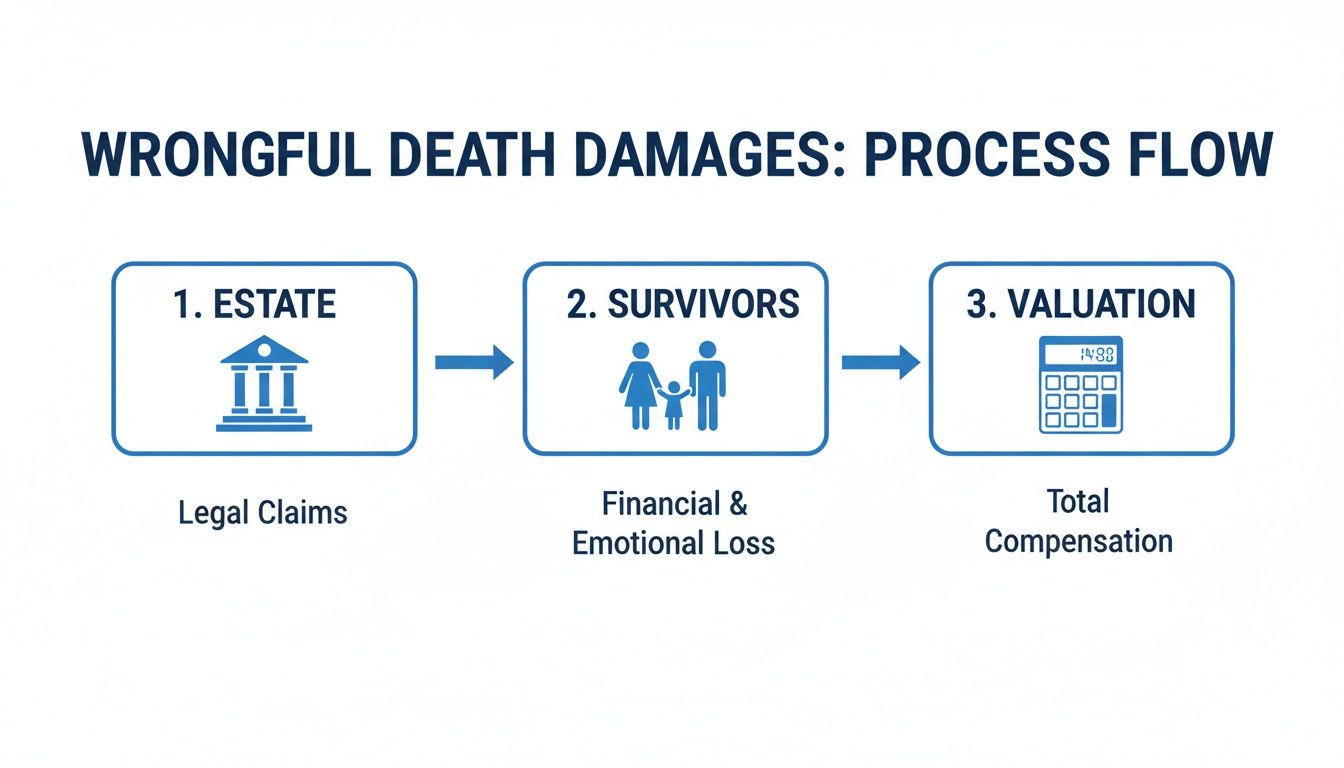 Flowchart detailing the wrongful death damages process, covering estate legal claims, survivor losses, and total compensation.