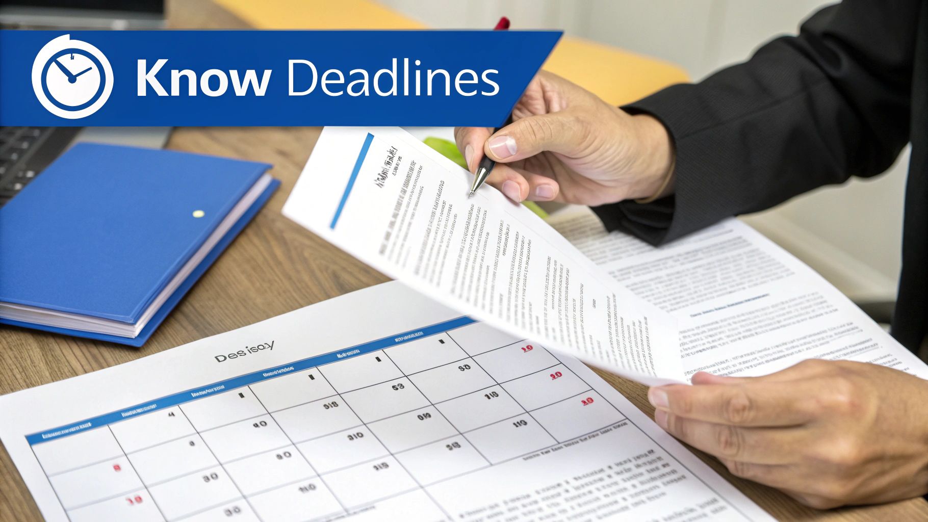 A person with a pen reviews a document and a calendar, emphasizing the importance of meeting deadlines.