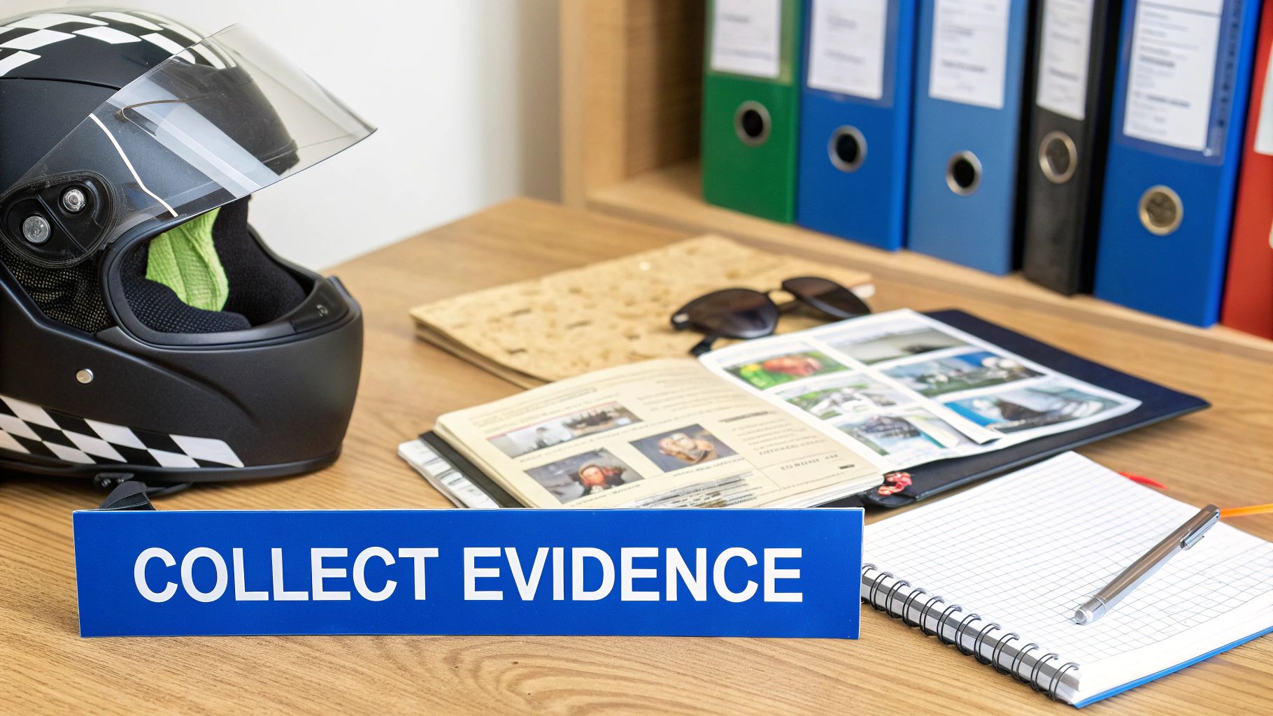 A desk with a motorcycle helmet, a 'COLLECT EVIDENCE' sign, and legal documents for investigation.